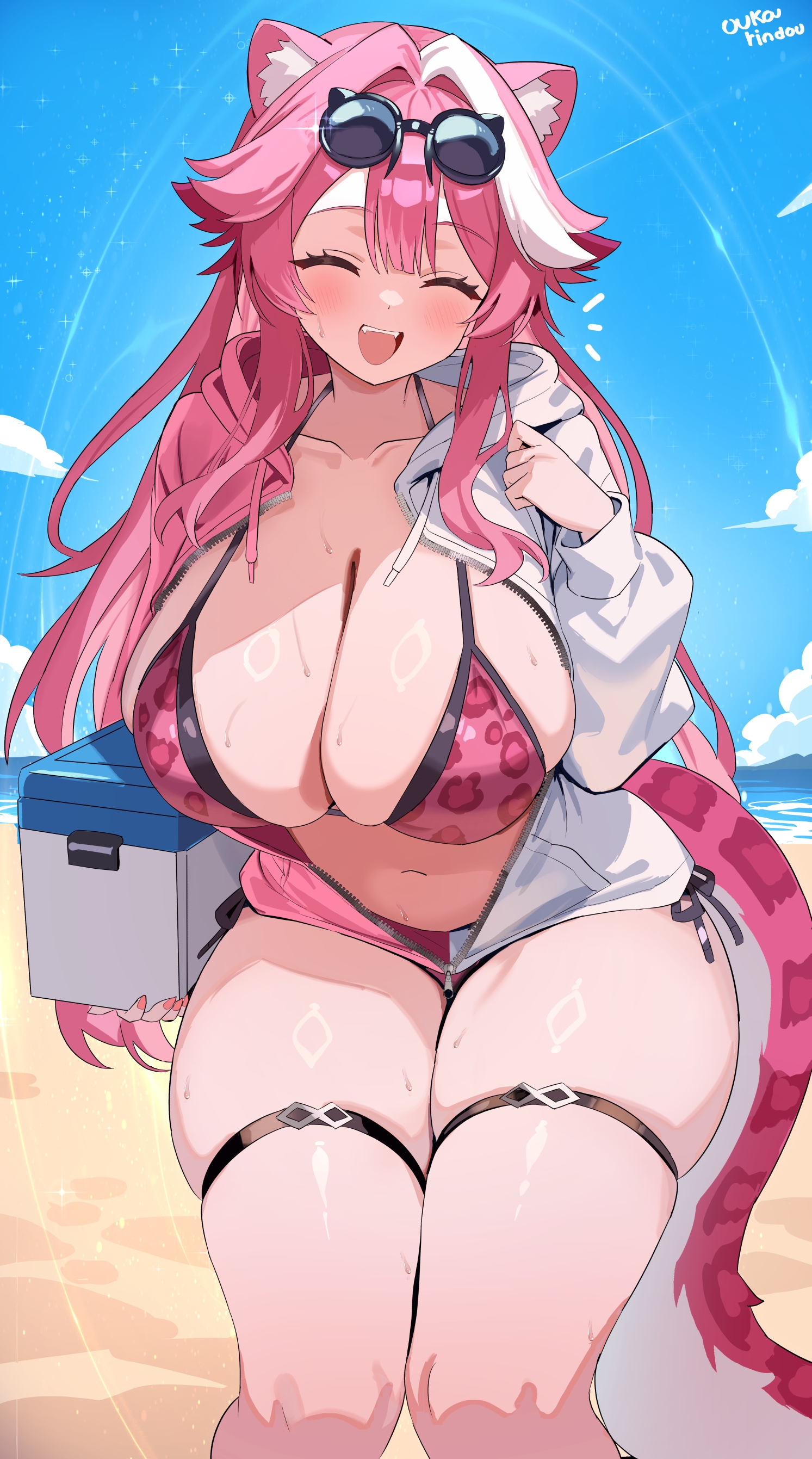 1girls, absurd res, animal ears, animal print, beach, bikini, blue sky, breasts, center-flap bangs, closed eyes, commentary, cowboy shot, day, double-parted bangs, english commentary, eyewear on head, facing viewer, halterneck, hand up, highres, holding, hololive, hololive english, hololive english -justice-, holonatsu paradise, hood, hooded jacket, huge breasts, jacket, leopard print, leopard print bikini, long hair, multicolored hair, multicolored jacket, navel, o-rindou5100, official alternate costume, open mouth, outdoors, panther ears, panther girl, panther tail, partially unzipped, pink bikini, pink hair, pink jacket, print bikini, raora panthera, raora panthera (holonatsu paradise), sidelocks, single hair streak, sky, smile, solo, stomach, streaked hair, sunglasses, swimsuit, tail, teeth, thigh strap, two-tone jacket, upper teeth only, very long hair, virtual youtuber, water cooler, white jacket, white streaks
