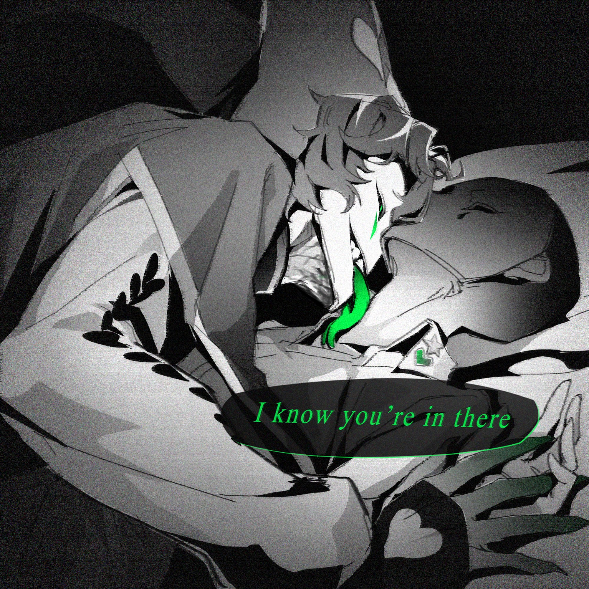 black costume, black hair, derivative work, dominant, dominant feral, dominant male, dominated, domination, forked tongue, green eyes, green tongue, hand holding, harlequin (the freak circus), heart symbol, height difference, licking, licking neck, long tongue, pinned down, pinned to bed, screenshot redraw, self insert, snake tongue, submission, submissive, submissive human, the freak circus