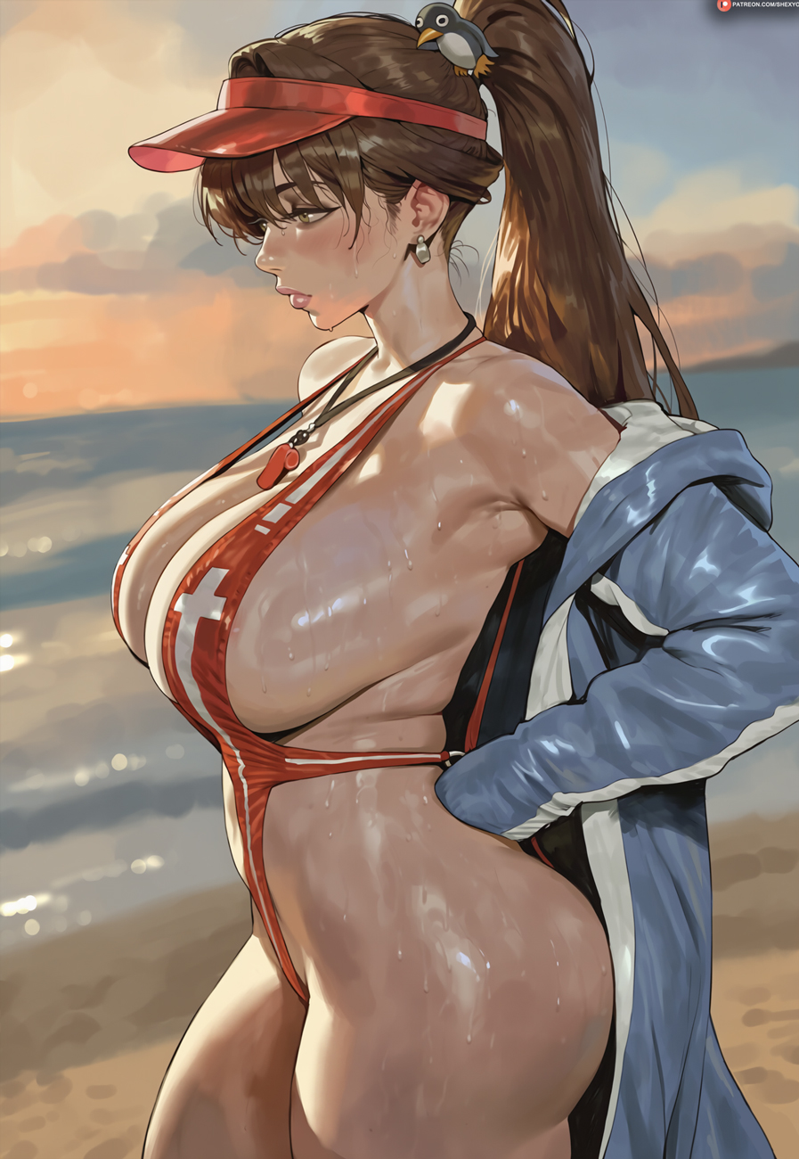 1girl, ai assisted, ai generated, animal costume, bird costume, breasts, brown eyes, brown hair, cleavage, commentary, from side, goddess of victory: nikke, hand on own hip, highres, large breasts, marciana (marine study) (nikke), marciana (nikke), open onesie, patreon username, penguin costume, penguin earrings, penguin hair ornament, penguin ornament, red slingshot swimsuit, red visor cap, sand, shexyo, sideboob, slingshot swimsuit, solo, swimsuit, visor cap, water, whistle, whistle around neck