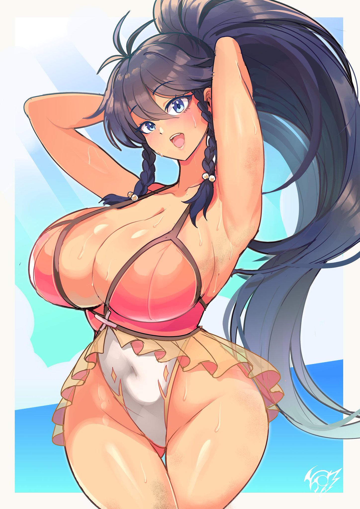 :d, 1girls, armpits, artist logo, ass visible through thighs, background, blue eyes, blue hair, blush, breasts, dark-blue hair, fire emblem, fire emblem: the sacred stones, hands behind head, huge breasts, large breasts, long hair, looking at viewer, olive skin, ponytail, revolverwingstudios, smile, sweat, swimsuit, tana (fire emblem), tana (summer) (fire emblem), thick thighs, twin braids, very long hair, wide hips