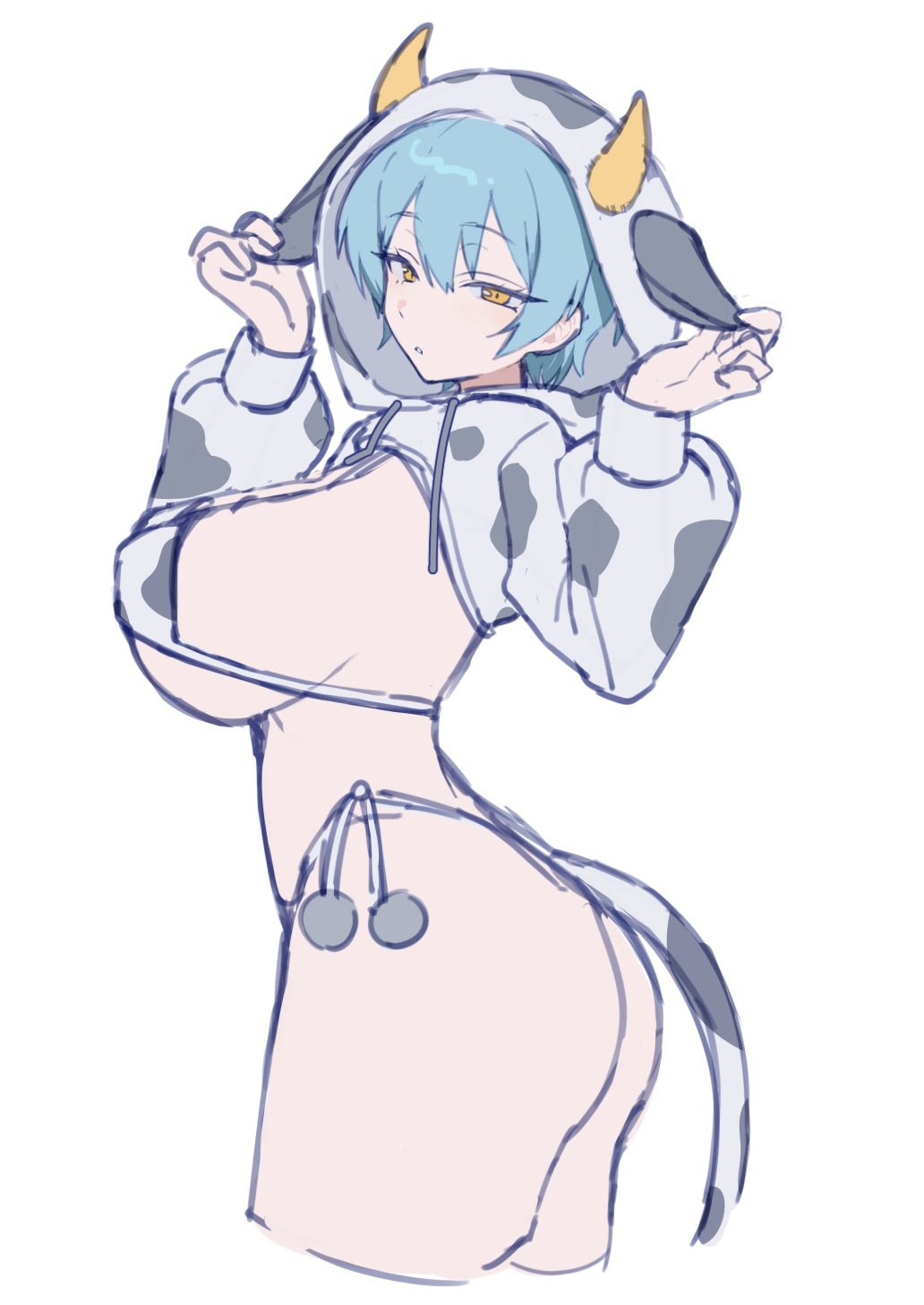 1girls, angela (library of ruina), angela (lobotomy corporation), ass, big breasts, bikini, blue hair, breasts, butt, chunta, cow outfit, cow print, cow print bikini, cow tail, fake tail, female, hair, library of ruina, project moon, robot girl, short hair, side view, tail