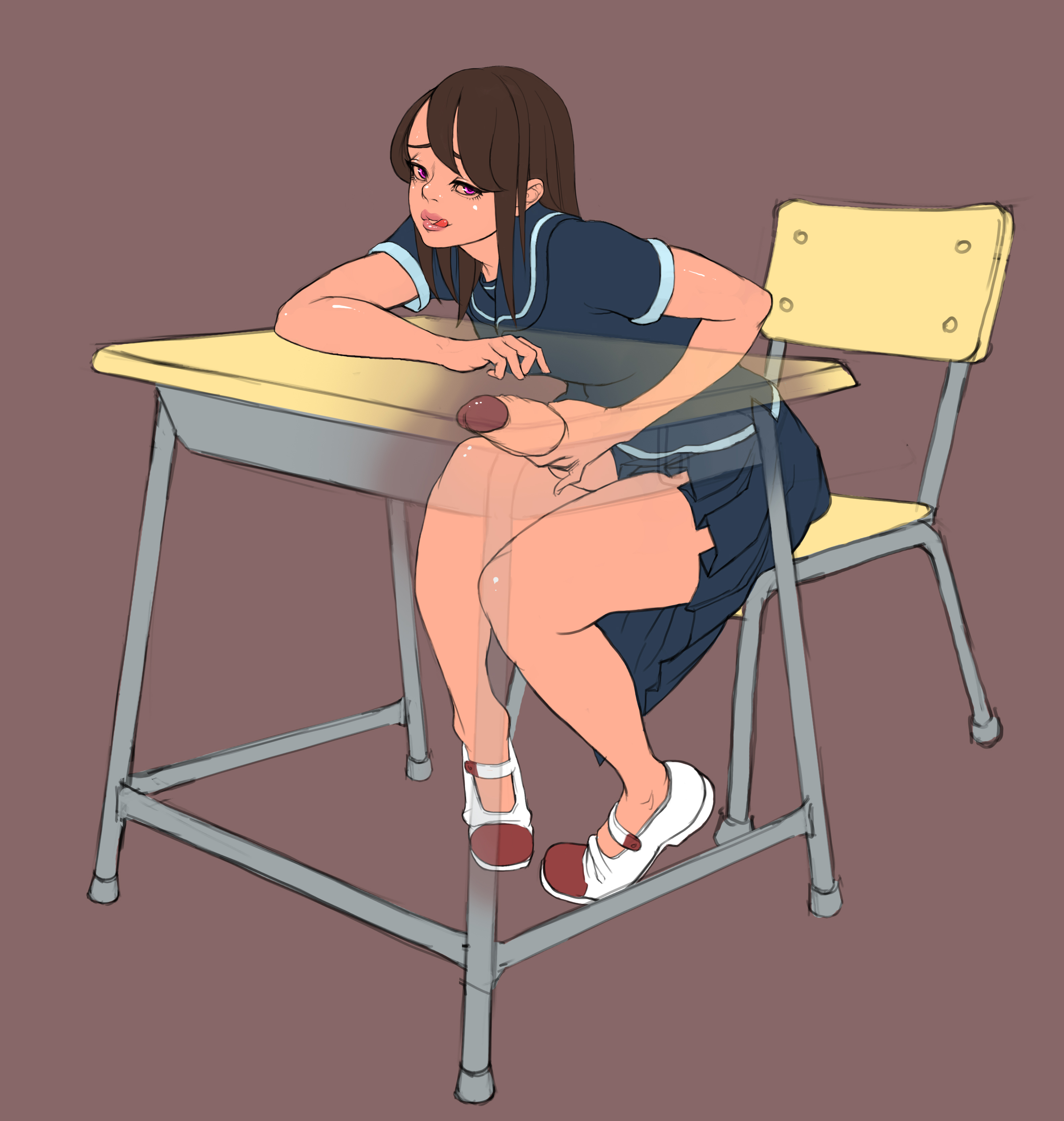 1futa, breasts, brown hair, chair, clothed masturbation, clothing, curvy, desk, erection, erection under clothes, erection under skirt, female, futa only, futanari, hair, hidden, huge penis, intersex, long hair, looking at viewer, masturbation, medium breasts, no panties, penis, penis out, penis under clothes, penis under skirt, school uniform, schoolgirl, secret, serafuku, shoes, sitting, skirt, skirt lift, socks (artist), solo, stealth masturbation, uncensored, under the table, x-ray