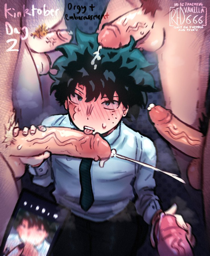 bakugou katsuki, boku no hero academia, denki kaminari, eijirou kirishima, gay, hanta sero, izuku midoriya, kaminari denki, katsuki bakugou, kirishima eijirou, licking penis, male, male only, male/male, midoriya izuku, multiple boys, multiple males, multiple penises, my hero academia, orgy, penis, redvanilla666, sero hanta, yaoi