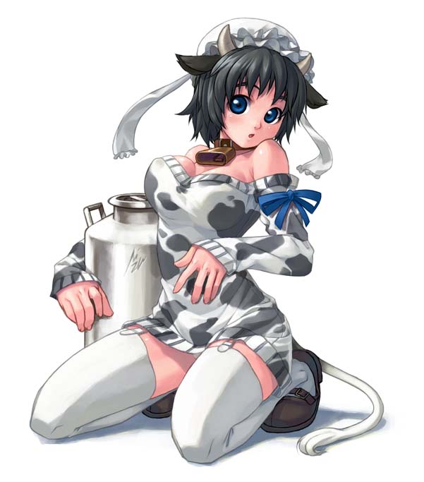 1girl 2d 2d_(artwork) 2d_artwork :o animal_ears anime anime_style bell bell_collar black_hair blue_eyes bovine bow bow_ribbon collar color colored cow_ears cow_girl cow_print cow_tail cowbell detached_sleeves drawing drawn dress female garter_belt girl hat horns kneeling looking_at_viewer milk mizuki_gyokuran nsfw open_mouth original panties ribbon short_hair skirt solo solo_female suspender_belt tail teen teenage_girl teenager thigh_highs thighhighs white_background white_legwear white_thighhighs zettai_ryouiki