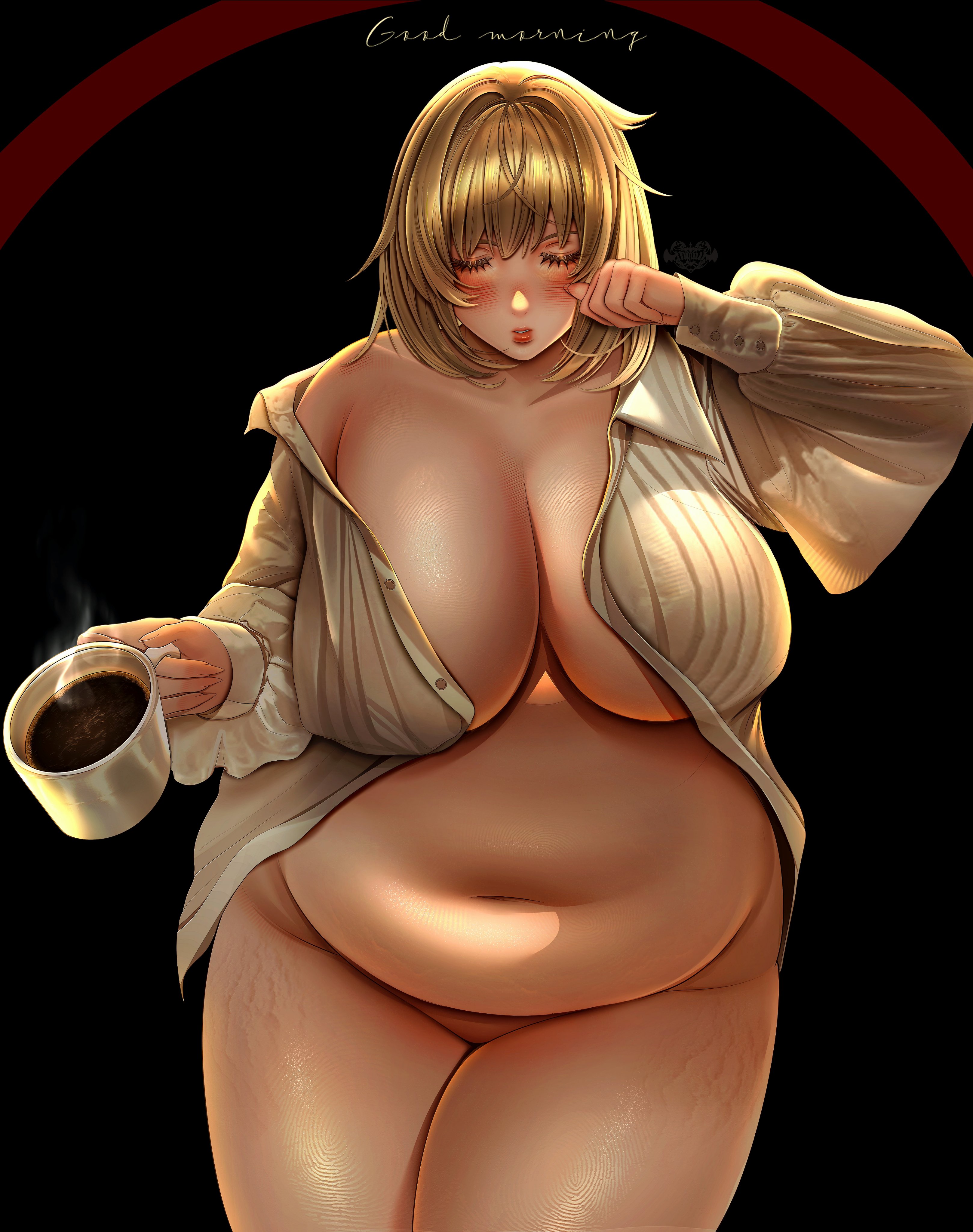 1girls, belly, big breasts, blonde hair, blush, bottomless, breasts, chubby, chubby belly, chubby female, closed eyes, coffee, coffee mug, delicious in dungeon, dungeon meshi, falin touden, female, female only, myuutew, shirt only, sleepy, solo, solo female, solo focus, stretch marks, tagme, tummy, waking up, wiping eyes