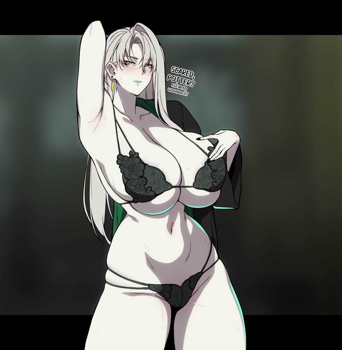 1girls, 2d, 2d (artwork), armpits, blonde hair, blonde-haired female, cero rains, coat, curvy body, curvy figure, digital art, digital drawing, digital drawing (artwork), digital media (artwork), draco malfoy, draco malfoy (redteneri), earrings, english text, female, female focus, female only, genderswap, genderswap (mtf), green lipstick, harry potter, high resolution, highres, hourglass figure, hourglass figured female, lace, lace bra, lace-trimmed bra, lace-trimmed panties, light skin, light-skinned female, long hair, one arm up, pubic hair, rule 63, sfw, sole female, solo, solo female, standing, text, thai commentary, thai text, undressing, very long hair