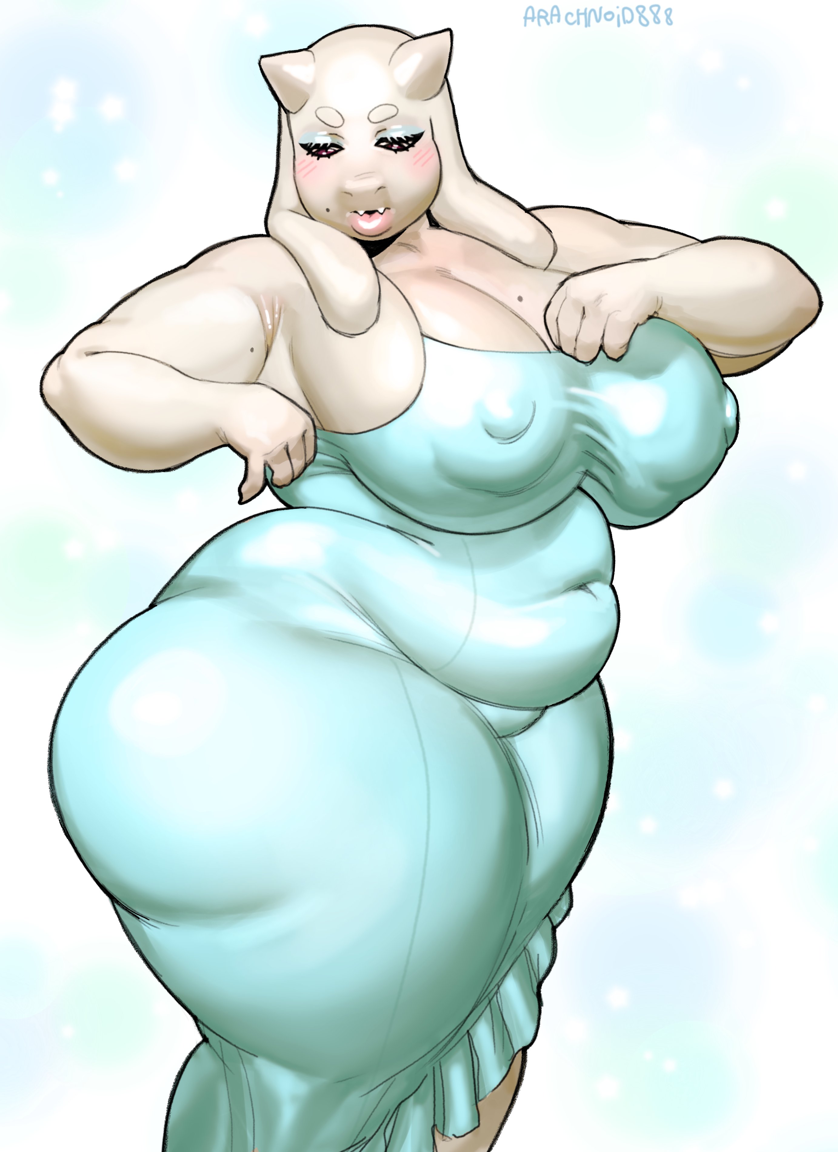 1girls, adjusting clothes, adjusting dress, animal ears, anthro, arachnoid888, artist name, ass, big ass, big breasts, blue eyeshadow, blush, breasts, brown eyes, dress, eyeshadow, female, female only, horns, huge ass, huge breasts, long dress, mature, mature female, mature woman, milf, mole, mole on breast, mole under eye, mother, nipple bulge, nipples, plump, side view, sideboob, solo, solo female, tail, thighs, toriel, undertale, voluptuous, voluptuous female, white dress, white skin, wife