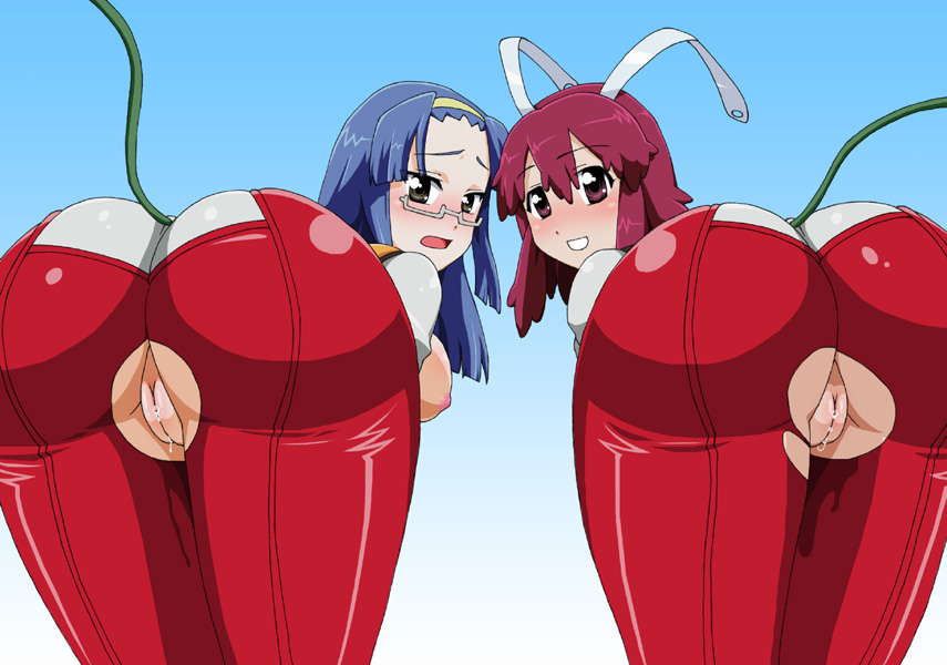 2girls aresta_blanket ass bent_over blue_hair breasts cameltoe crotch_cutout ear fight_ippatsu!_juuden-chan!! fight_ippatsu_juuden-chan glasses headband huge_ass latex long_hair looking_at_viewer looking_back multiple_girls plug plug_cryostat presenting purple_eyes pussy pussy_juice red_hair short_hair sideboob smile torn_clothes uncensored wet