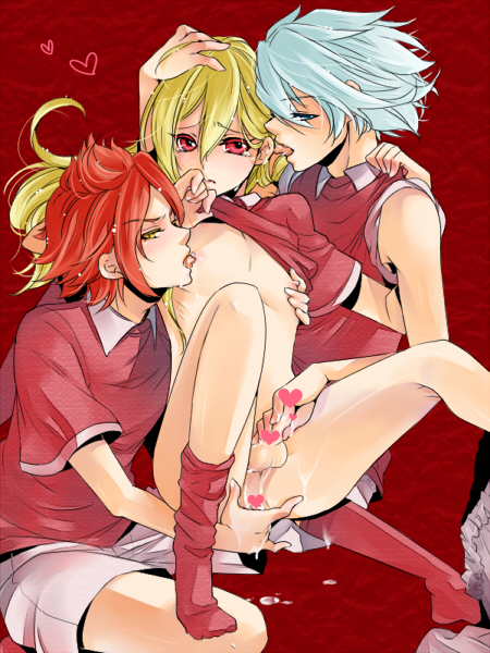 3boys anal_fingering blonde_hair blue_hair bottomless cum cum_on_body cum_on_self cum_on_upper_body cumdrip ear_licking fingering footwear group_sex handjob inazuma_eleven inazuma_eleven_(series) knee_socks kneehighs kneesocks licking male multiple_boys nagumo_haruya nipple_licking penis red_eyes red_hair red_socks sex socks spread_legs suzuno_fuusuke teamwork terumi_afuro threesome undressing white_hair yaoi