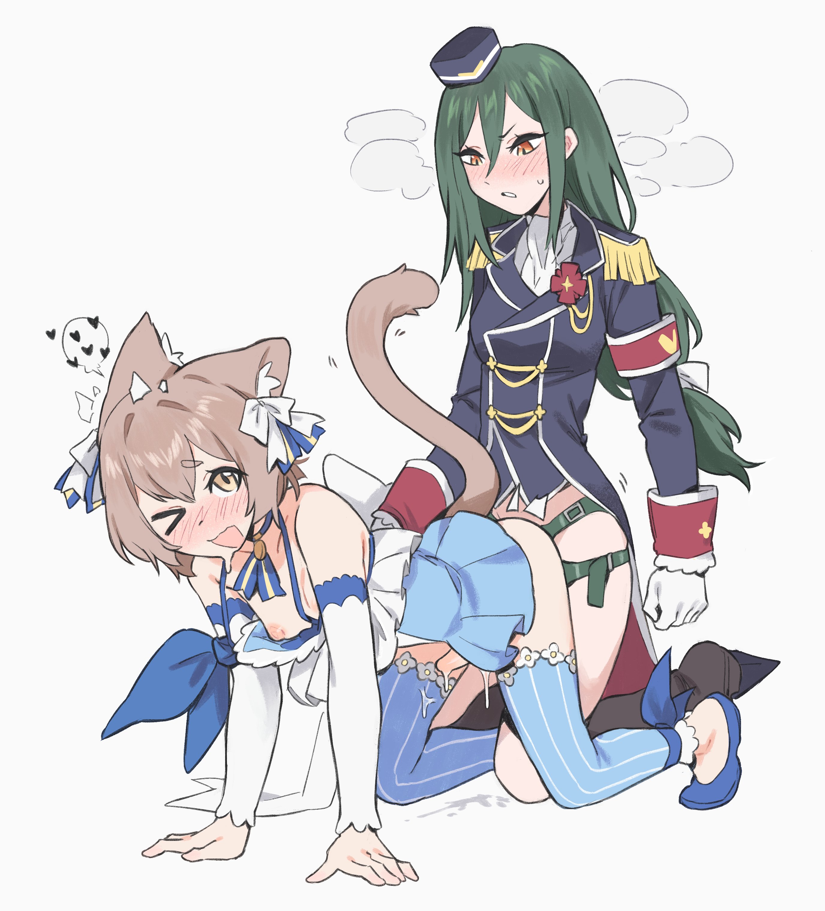 amber eyes, armwear, bigspinelizard, blush, brown, cat ears, cat tail, choker, clothed, clothed sex, clothing, crossdressing, crusch karsten, cum, dress, duo, felix argyle, femdom, ferris argyle, green, hair, medium breasts, nekomimi, nipples, pegging, re:zero kara hajimeru isekai seikatsu, ribbon, ribbons, shoes, small penis, strap-on, tail, thighhighs