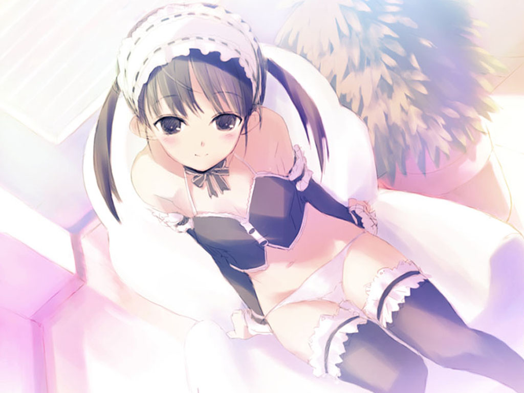 bare_shoulders black_legwear black_thighhighs blush bow brown_eyes brown_hair choker detached_sleeves female garters hairband headdress kawata_hisashi lingerie lowleg lowleg_panties maid midriff navel original panties r-you sitting thighhighs tied_hair twintails underwear wallpaper white_panties