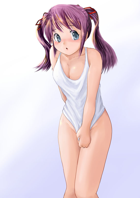 :o ass blue_eyes blush bottomless breasts cleavage collarbone female legs original purple_hair ribbon shirt shirt_pull shirt_tug solo tamanegi_(sei_tamanegi_web) tied_hair twintails