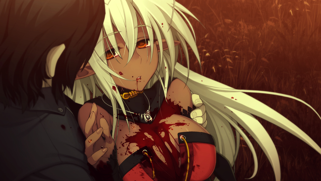 bad_end black_hair blood blood_on_breasts blood_on_face breasts bridal_gauntlets choker dark_elf dark_skin elf game_cg jewelry long_hair male minato_kageaki namaniku_atk nitroplus pendant pointy_ears sandaime_muramasa sansei_muramasa soukou_akki_muramasa spoilers white_hair yellow_eyes