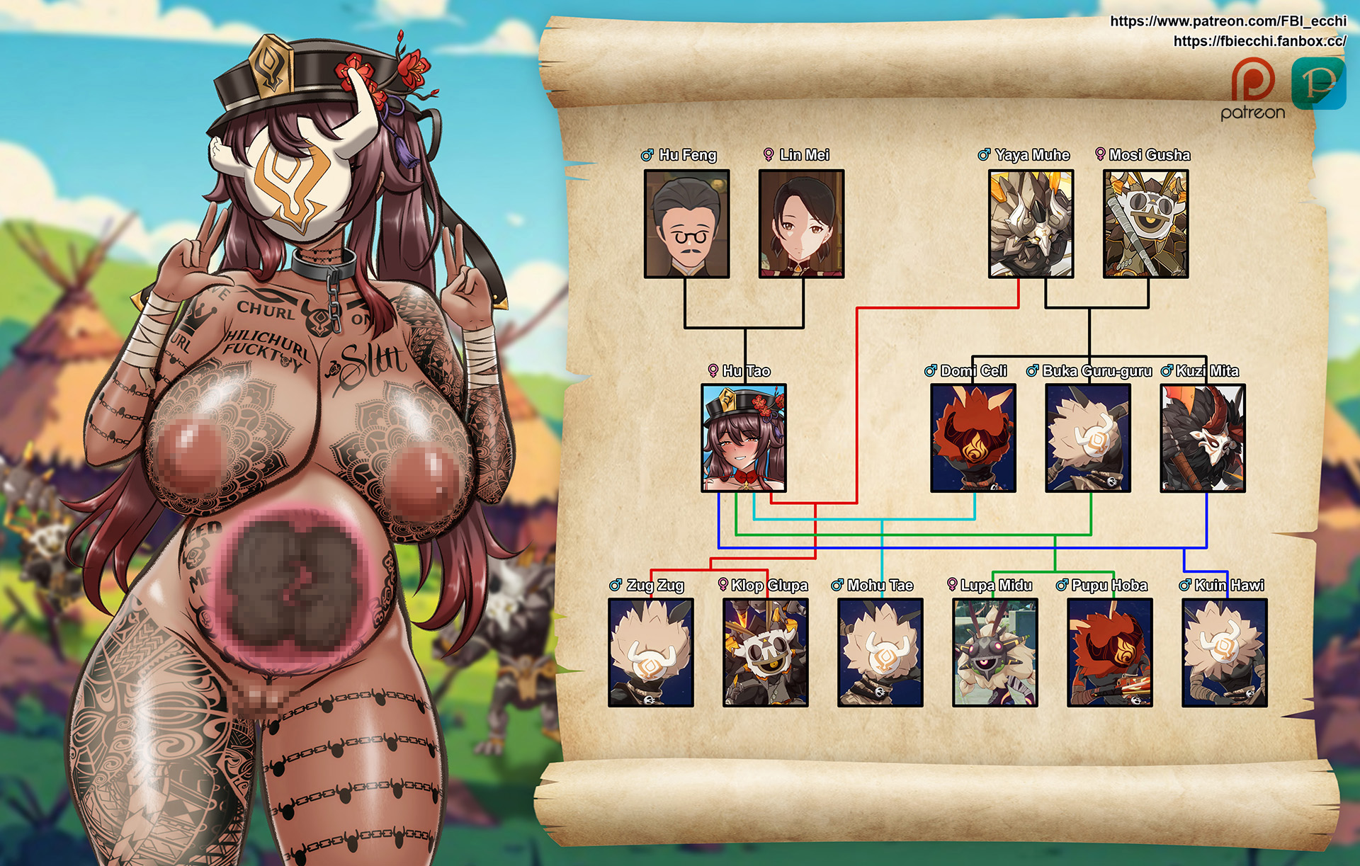 1girls, big breasts, body writing, chain leash, collar chain, corruption, family tree, fbi ecchi, genshin impact, hilichurl mark, hilichurl mask, hilichurl tattoo, hilichurls (species), hu tao (genshin impact), huge breasts, mask, naked, naked female, peace sign, pregnant, pregnant belly, pregnant female, slave, slave collar, slave girl, solo female, tan body, tan skin, tanned female, tribal tattoo, twins, x-ray