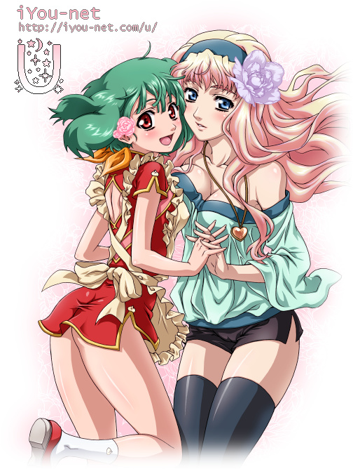 2girls :d apron ass bare_legs blonde_hair blue_eyes blush breasts china_dress chinadress chinese_clothes cleavage clothing dress female flower friends green_hair hairband hand_holding highres interlocked_fingers iyou large_breasts legs lips long_hair looking_at_viewer looking_back macross macross_frontier multiple_girls necklace off_shoulder open_mouth pendant ranka_lee red_dress red_eyes sheryl_nome shiny shiny_hair shiny_skin shoes short_hair short_shorts shorts side_slit smile socks stockings thigh-highs thighhighs yukkyun yuri