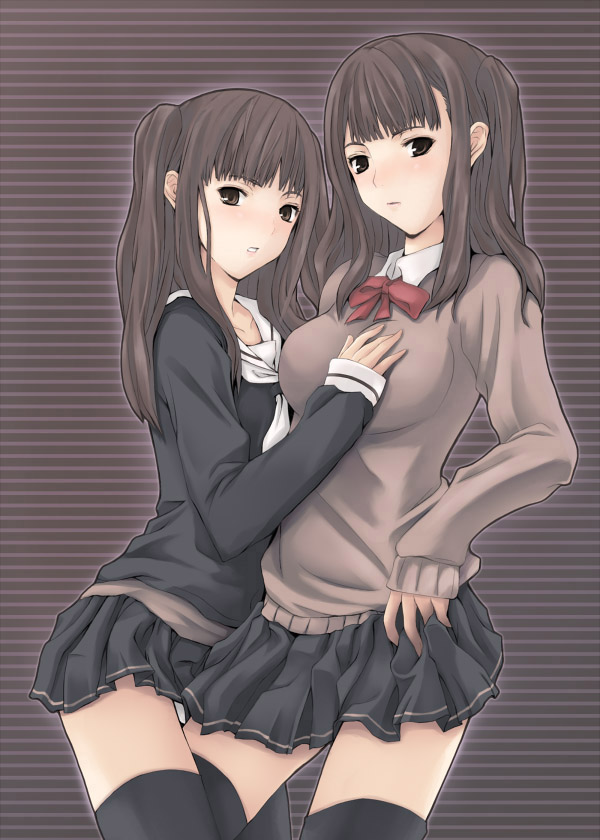 2girls artist_request bow breast_grab breasts brown_eyes brown_hair copyright_request crotch_rub female long_hair multiple_girls panties pantyshot school_uniform serafuku skirt sweater thigh-highs thighhighs underwear yuri zettai_ryouiki