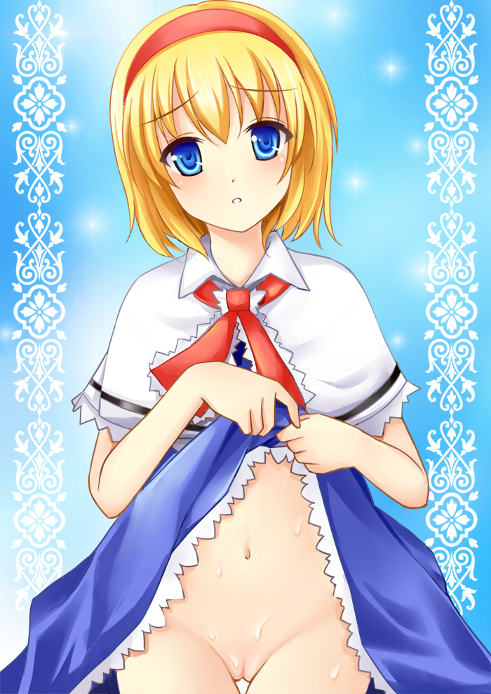 alice_margatroid blonde_hair blue_eyes blush capelet dress dress_lift female hairband navel nikoo no_panties pussy short_hair solo sweat touhou uncensored