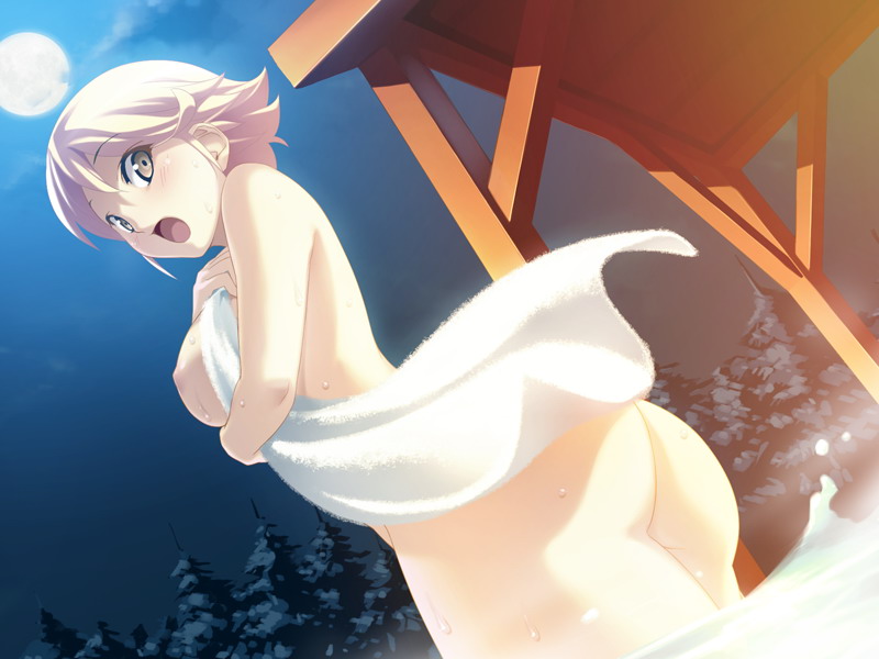 1girls ars_magna ass blonde_hair blush breasts brown_eyes brown_hair covering dutch_angle enjouji_alex_yukihiro female koutaro moon nipples nude_cover onsen open_mouth short_hair solo towel