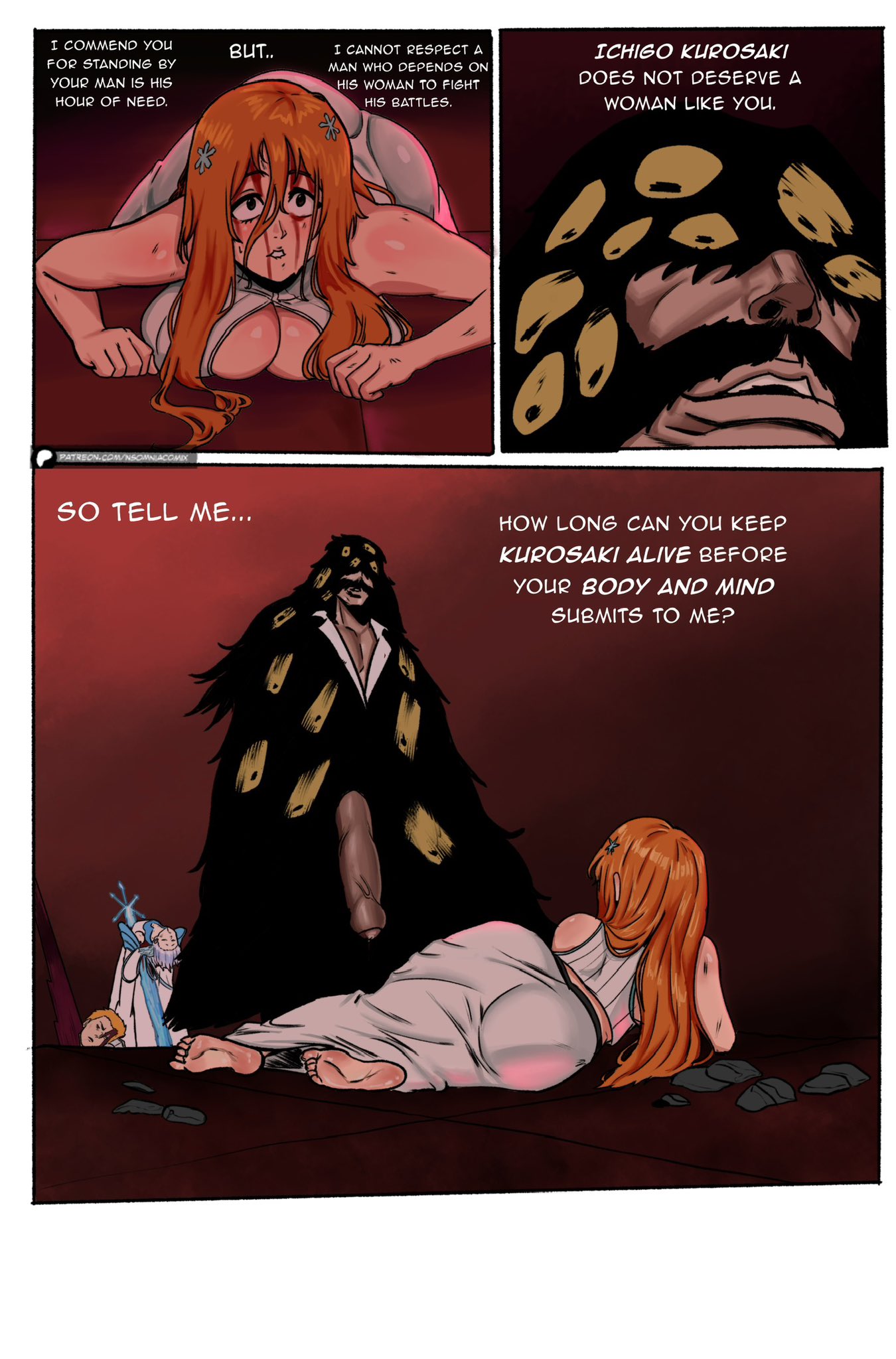 big ass, big breasts, big penis, bleach, bleach: the thousand-year blood war, blood on face, cheating, cleavage, cleavage cutout, defeated, defeated hero, defeated heroine, fat ass, fat cock, ginger, ginger hair, hourglass figure, hourglass figured female, huge ass, huge breasts, ichigo kurosaki, imminent cheating, imminent netorare, imminent ntr, imminent penetration, imminent rape, imminent sex, inoue orihime, kuchiki rukia, kurosaki ichigo, l3wdsenpai, large breasts, large penis, long hair, long penis, marvel reference, netorare, nsomniainks, ntr, orihime inoue, pose, reference, round ass, rukia kuchiki, thick penis, thick thighs, thighs, veiny penis, yhwach