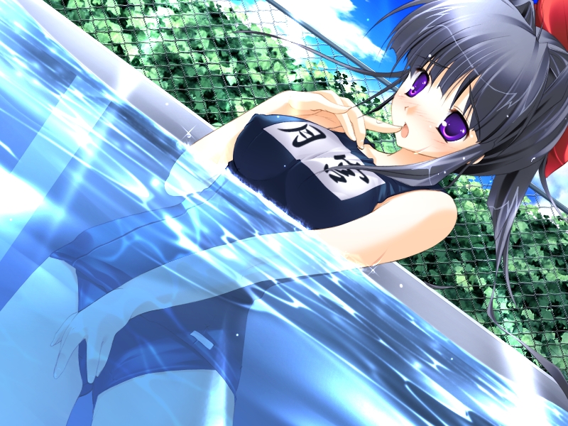 black_hair blush bush bushes chainlink_fence dutch_angle erect_nipples female fence finger_to_mouth fingering game_cg long_hair masturbation mikeou miraroma one-piece_swimsuit open_mouth ponytail pool purple purple_eyes school_swimsuit solo sparkle swimsuit tied_hair tsukimiya_kaede violet_eyes water