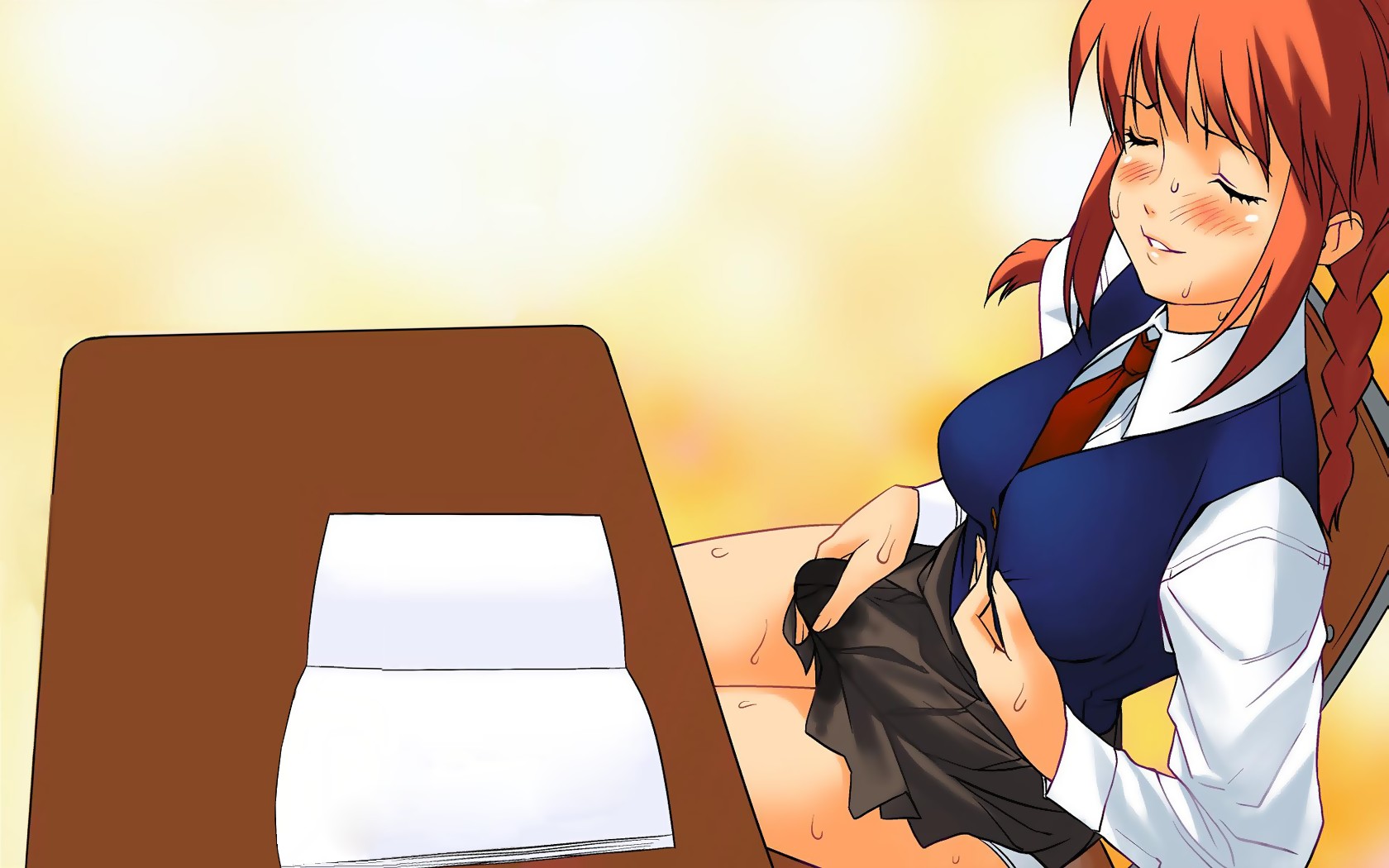 1futa, artist request, blush, book, bulge, cameltail, character request, classroom, closed eyes, clothed masturbation, clothing, desk, futa only, futanari, hair, highres, intersex, long hair, masturbation, necktie, penis, red hair, school uniform, skirt, smile, solo, source request, stealth masturbation, tenting, tie