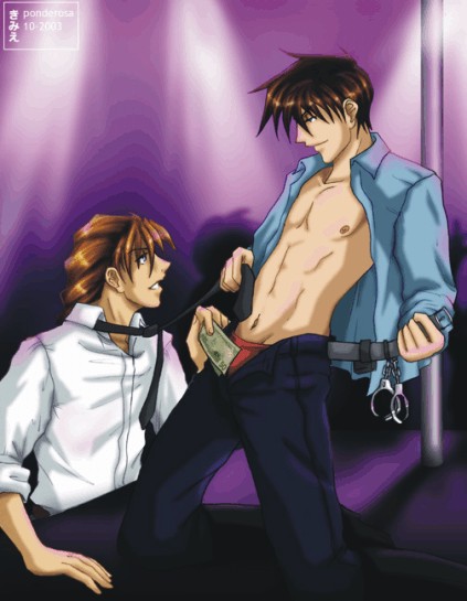 2boys abs belt blue_shirt boots brown_hair cuffs dated duo_maxwell erect_nipples gay gundam handcuffs heero_yui heero_yuy kneeling long_hair male male/male male_only money multiple_boys navel necktie necktie_pull nipples open_clothes open_shirt pole police police_uniform policeman ponderosa red_underwear shirt stage stripper underwear undressing uniform unzipped white_shirt yaoi