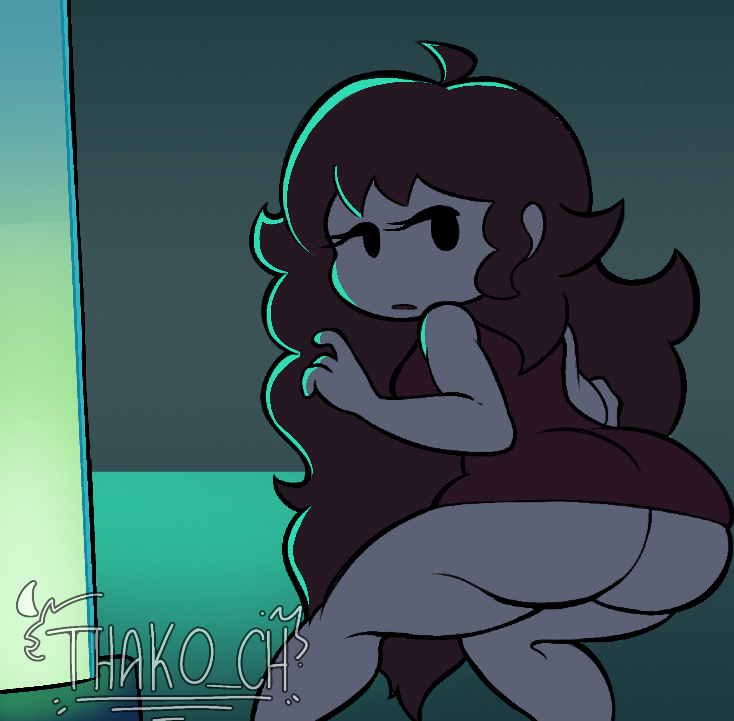 1girls, asscheeks, back view, big ass, bubble butt, bubble butt (female), canonical scene, dress, fat ass, female, female only, friday night funkin, girlfriend (friday night funkin), huge ass, long hair, looking at viewer, round ass, solo, solo female, thako ch, thick thighs, thighhighs, thighs, white background
