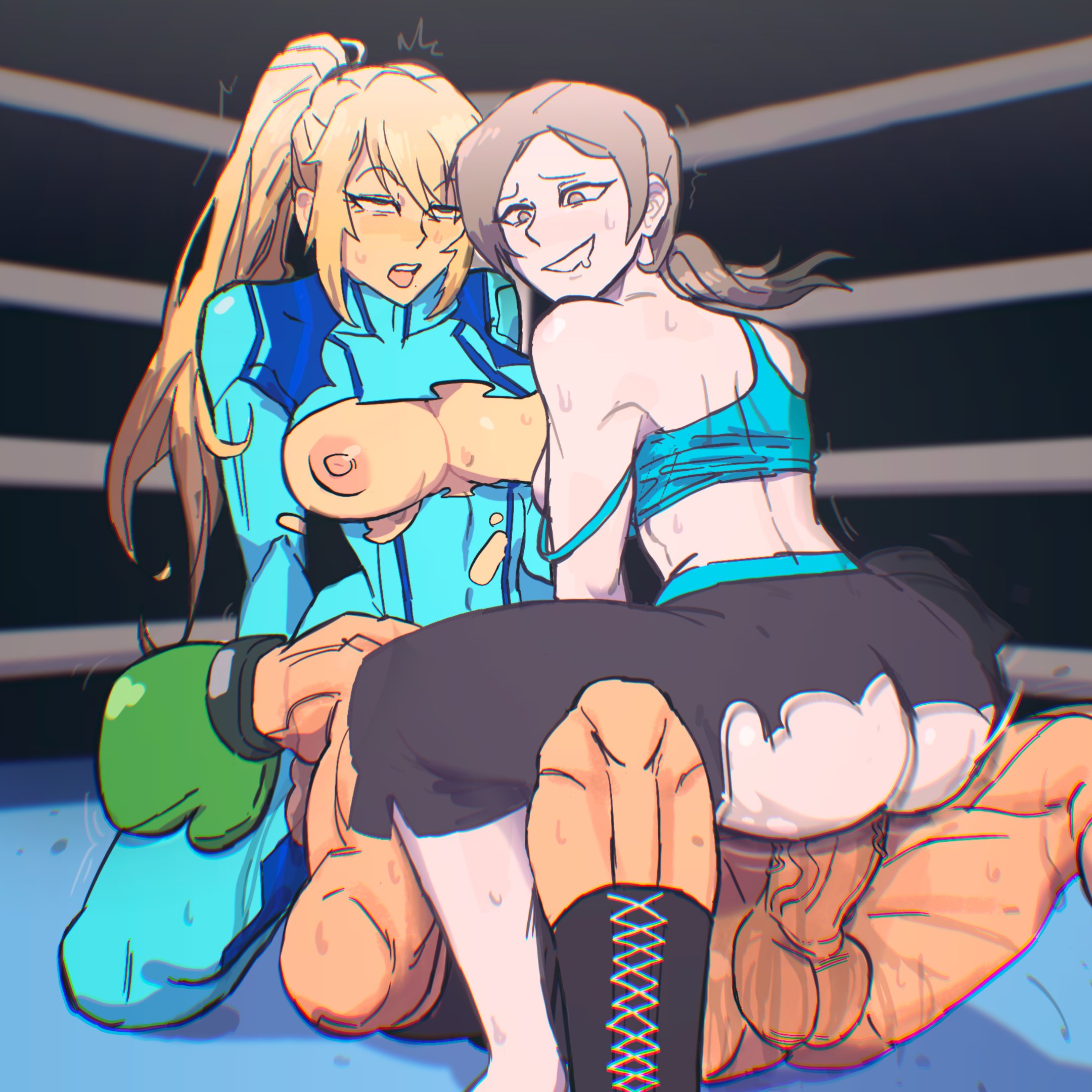 1boy, 2girls, abs, ahegao, artist request, ass, blonde hair, blue bodysuit, blue sports bra, blush, bodysuit, boots, boxing gloves, breasts, breasts out, brown hair, capri pants, clothed female nude male, clothed sex, clothing, company connection, cowgirl position, crop top, cross-laced footwear, crossover, drooling, female, ffm threesome, fighting ring, fucked silly, girl on top, group sex, hetero, lace-up boots, large breasts, large penis, little mac, long hair, male, metroid, multiple girls, muscular, nintendo, nipples, no bra, open mouth, orgasm, pants, penis, ponytail, punch out, reverse cowgirl position, reverse spitroast, rolling eyes, rough sex, saliva, samus aran, sex, sitting on face, skin tight, smile, spandex, straddling, strap slip, super smash bros., sweat, tank top, testicles, threesome, torn bodysuit, torn clothes, torn pants, torogao, trio, upright straddle, vaginal, varia suit, wii fit, wii fit trainer, wii fit trainer (female), wrestling outfit, wrestling ring, yoga pants, zero suit