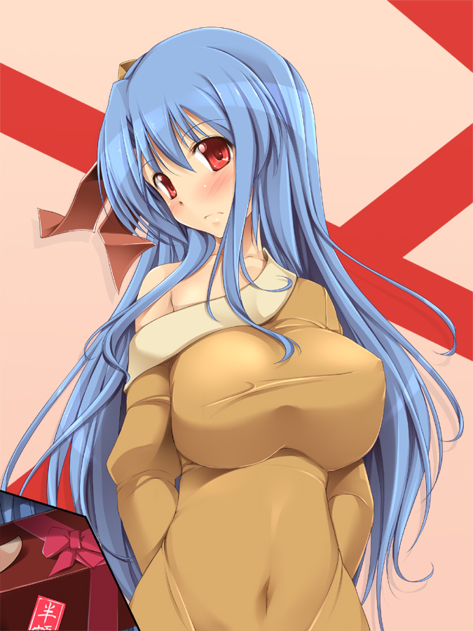 1girls bare_shoulders blue_hair blush breasts erect_nipples fct female gift huge_breasts impossible_clothes impossible_clothing impossible_shirt long_hair navel red_eyes rocbouquet romancing_saga saga sara_da_pranzo sdp shirt solo