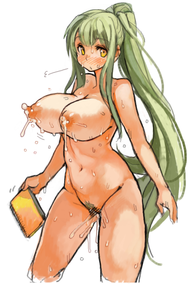 blush breasts censored female green_hair holding lactation large_breasts long_hair looking_at_viewer mound_of_venus navel nipples notebook nude original ponytail pubic_hair pussy_juice sachito simple_background solo sumi-chan_(sachito) sweat tied_hair very_long_hair white_background yellow_eyes