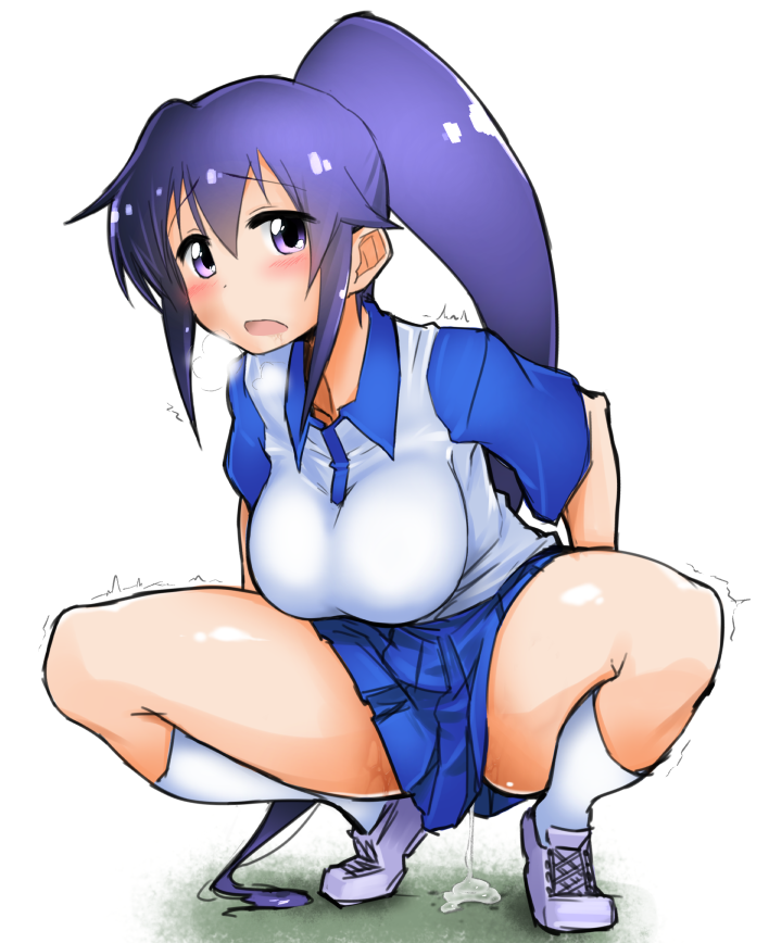 blush breasts cum cumdrip do_(taka) female large_breasts long_hair oshimoto_yuri ponytail purple_eyes purple_hair shoes skirt sneakers socks solo solo_female squatting teekyuu tied_hair white_background