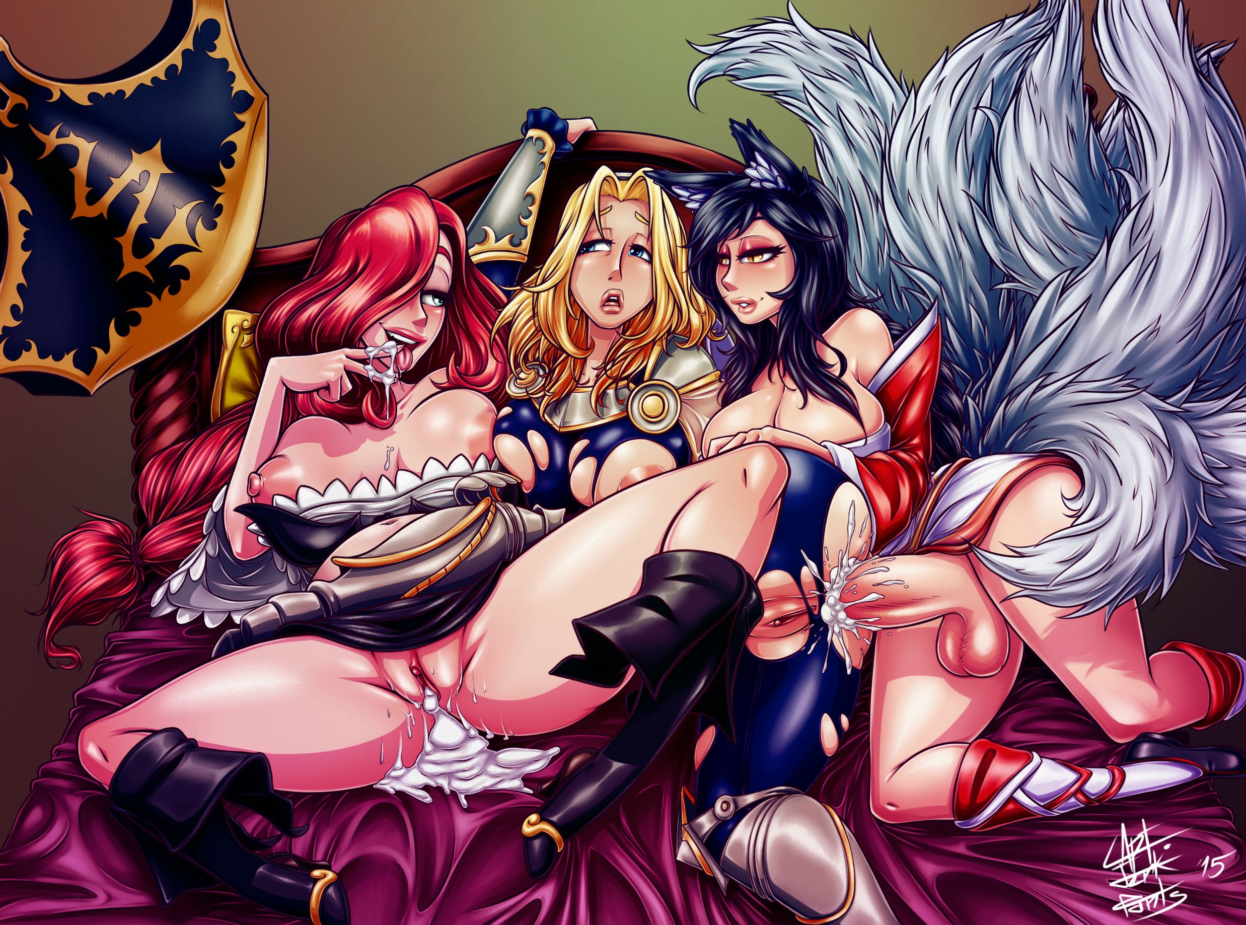 2015, ahri, anal, animal ears, areolae, armor, ass, balls, bed, black hair, blonde hair, blue eyes, bodysuit, boots, breasts, captainjerkpants, cum, cum in ass, cum in pussy, cum inside, cum on fingers, cum pool, detached sleeves, ejaculation, female, fox ears, fox tail, futa on female, futanari, greaves, hair over one eye, hat, hat removed, high heel boots, high heels, inflation, intersex, large breasts, large penis, league of legends, long hair, low-tied long hair, luxanna crownguard, lying, miss fortune, multi tail, no panties, on back, on side, penis, pirate hat, pussy, raised arm, red hair, slit pupils, smile, spread legs, tail, testicles, threesome, tongue, tongue out, torn bodysuit, torn clothes, vambraces, yellow eyes