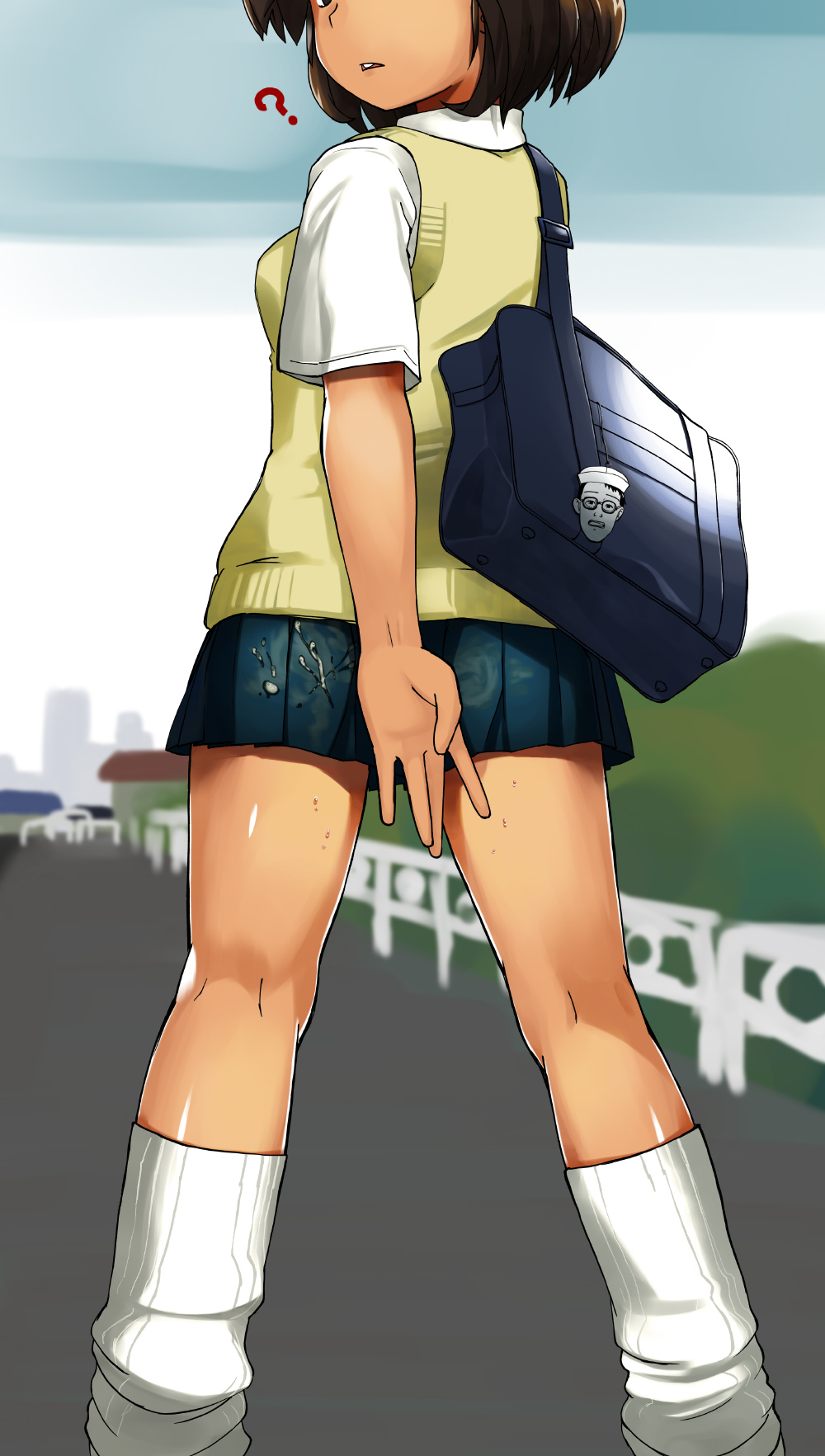 ? bag brown_hair covering covering_ass cum cum_on_clothes footwear from_behind genmai-doublevision head_out_of_frame highres kneepits legs looking_back loose_socks miniskirt original pleated_skirt school_uniform short_hair skirt socks solo sweat sweater_vest