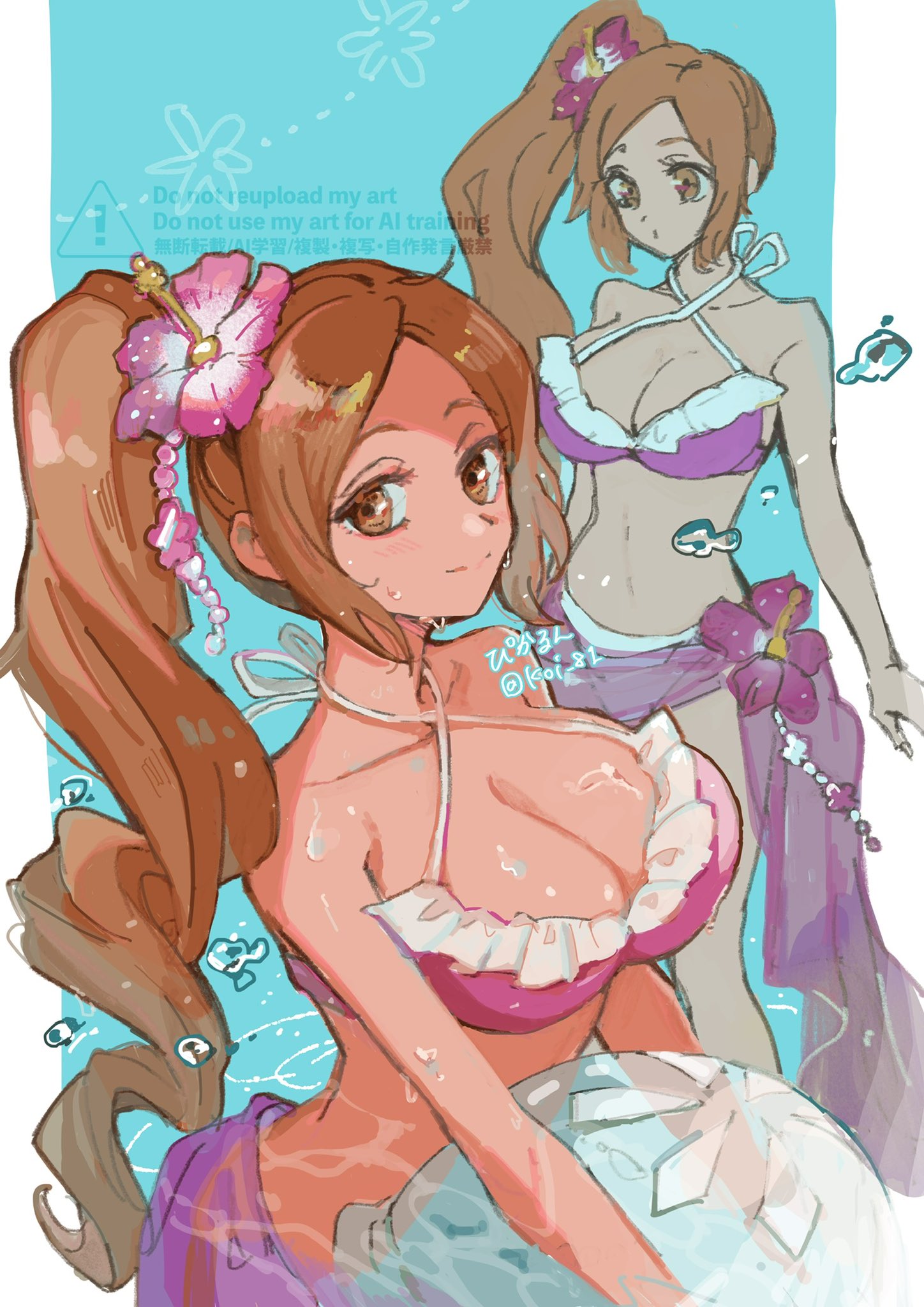 1girls, beach ball, big breasts, bikini, bikini bottom, bikini top, bleach, bleach brave souls, bleach: the thousand-year blood war, blush, breasts, brown eyes, brown hair, cleavage, eyebrows, eyelashes, female focus, female only, flower, flower in hair, huge breasts, in water, inoue orihime, large breasts, light skin, light-skinned female, looking at viewer, ponytail, smile, solo, solo female, solo focus, swimsuit, swimwear, tied hair, water
