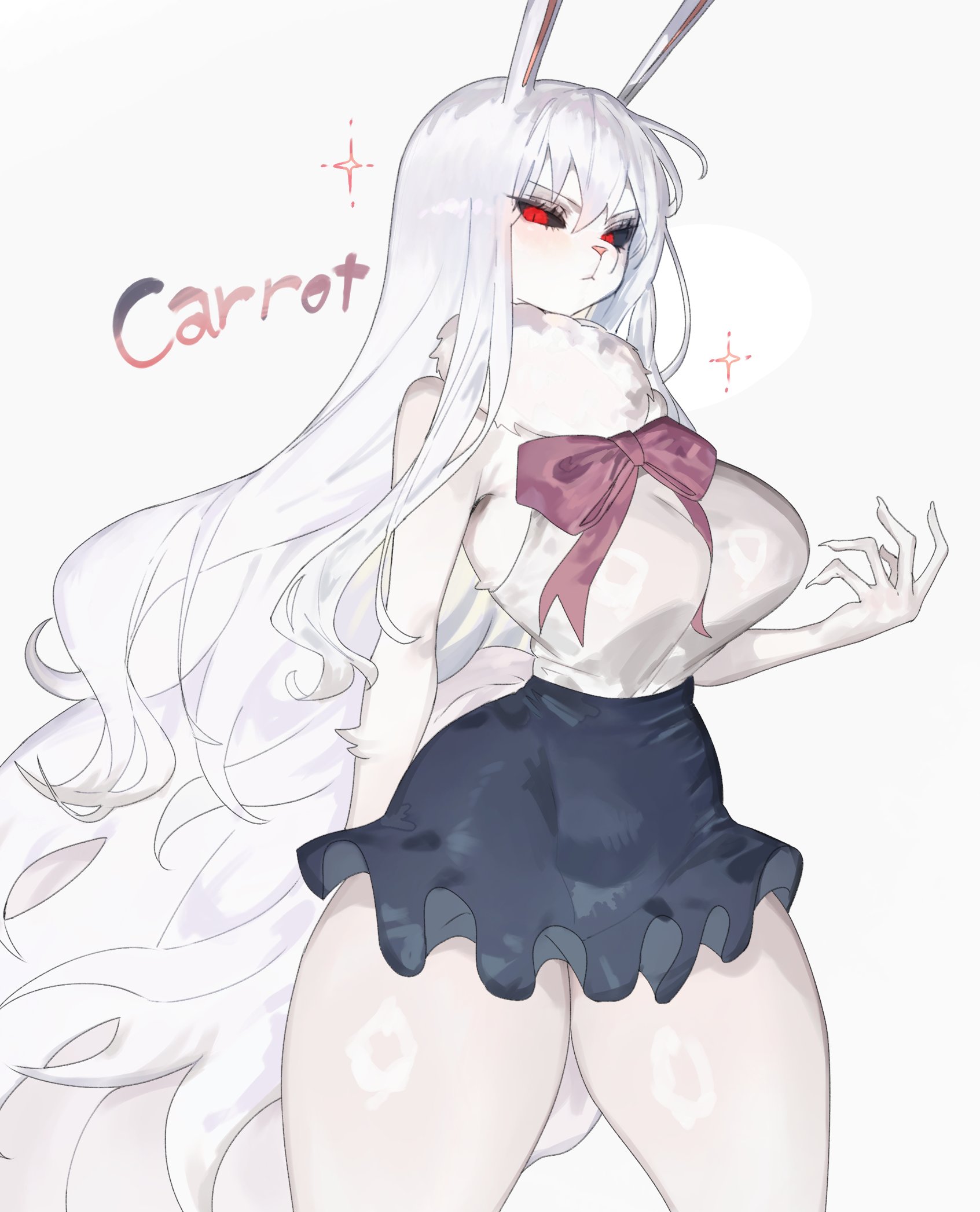 1girls, anthro, black sclera, carrot (one piece), clothing, english text, female, female only, hi res, lagomorph, leporid, long hair, looking at viewer, minkmen (one piece), one piece, rabbit ears, red eyes, slit pupils, solo, sulong carrot, text, thick thighs, toge77789, togetoge, white background, white hair