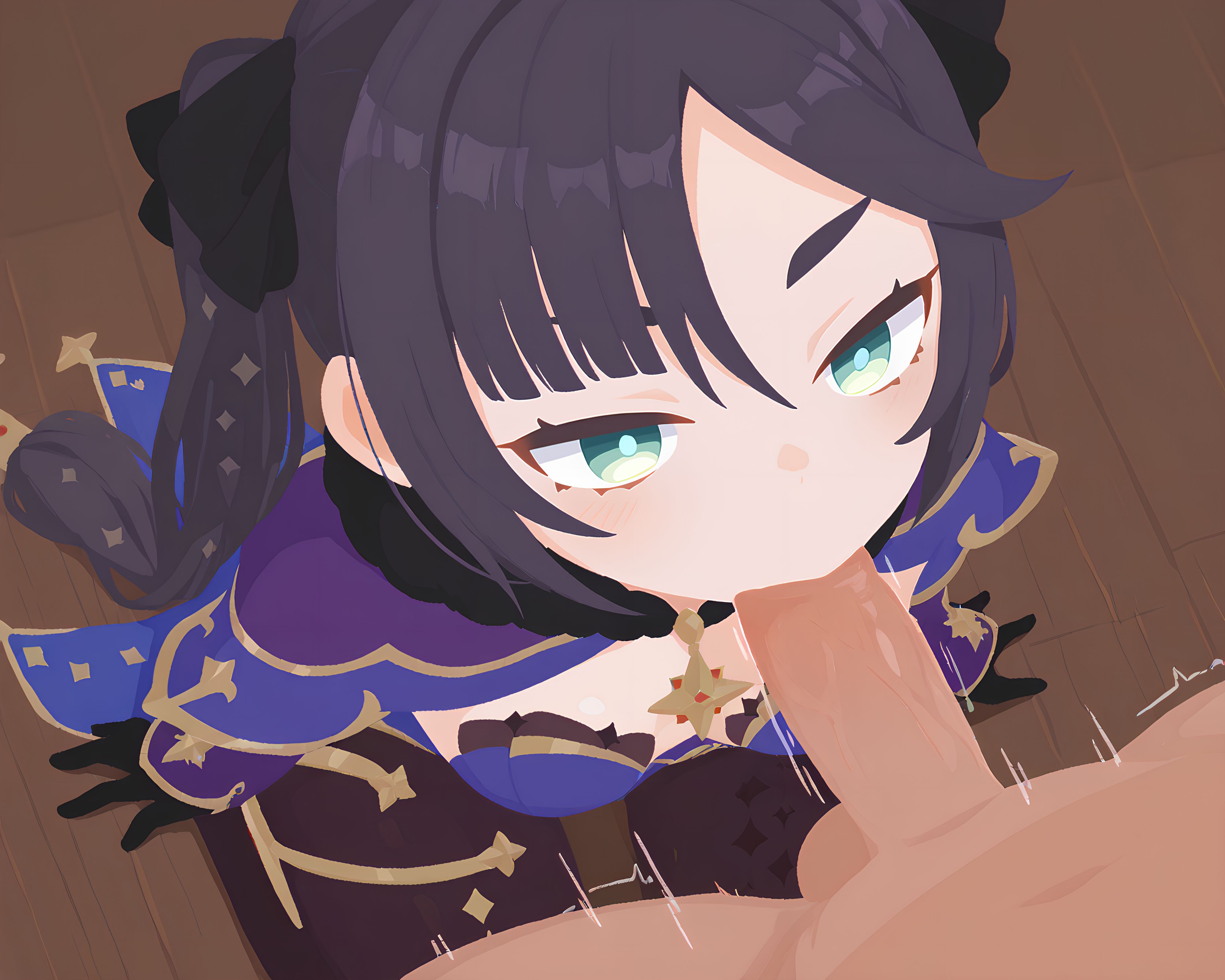 1girls, ai assisted, ai generated, bodystocking, fellatio, female, genshin impact, green eyes, mona (genshin impact), oral, oral sex, pantyhose, purple hair, rawr69, star (symbol), very long hair