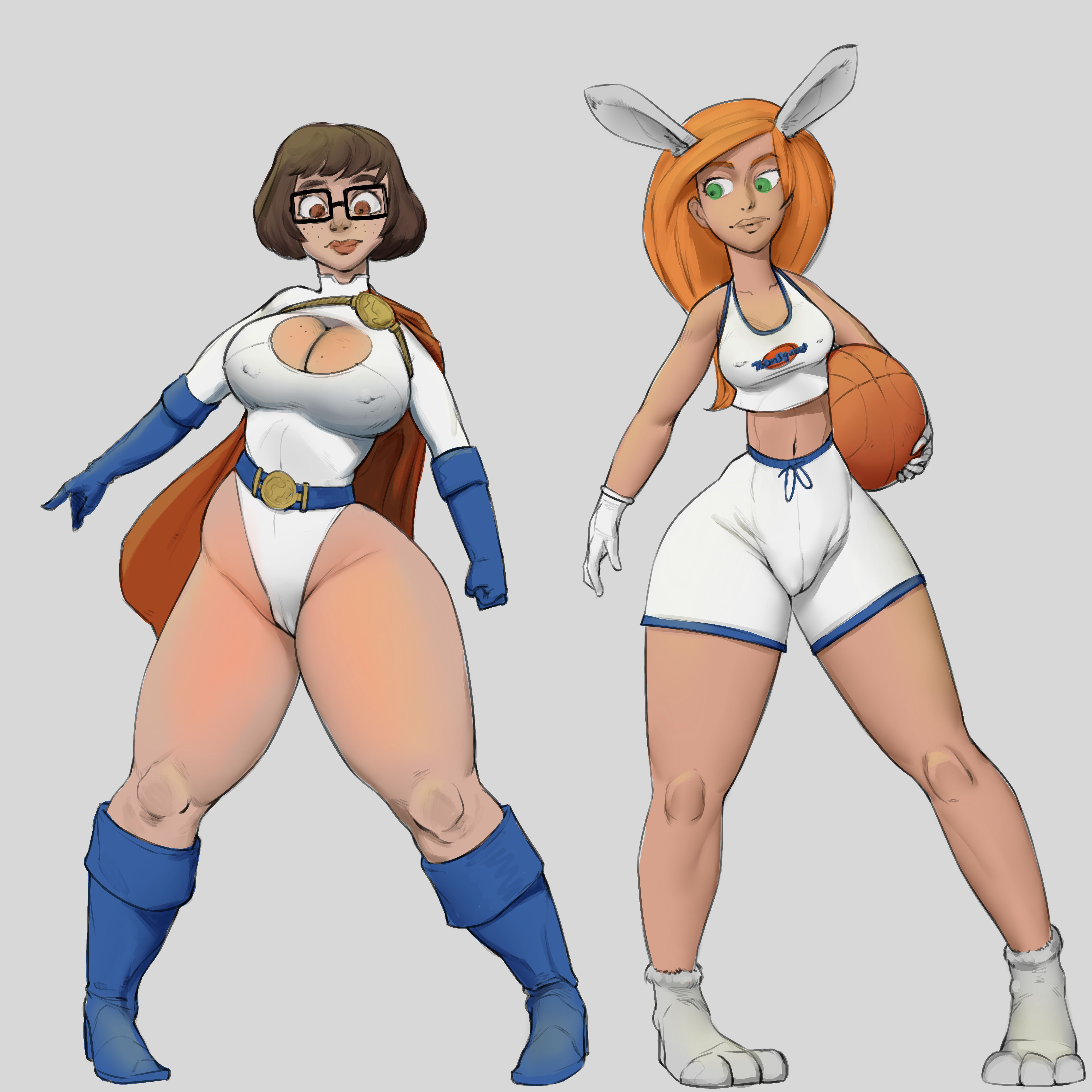 1:1, 2girls, animal ears, atomiccreep, basketball, basketball uniform, big breasts, breasts, brown eyes, brown hair, cape, cleavage, cosplay, crossover, dc, dc comics, female, female only, glasses, green eyes, hi res, highres, huge breasts, kim possible, kimberly ann possible, large breasts, leotard, lola bunny (cosplay), long hair, looney tunes, multiple females, multiple girls, nipples visible through clothing, orange hair, power girl (cosplay), scooby-doo, short hair, source request, space jam, superman (series), thick thighs, thighs bigger than head, thunderthighs, velma dinkley, white leotard