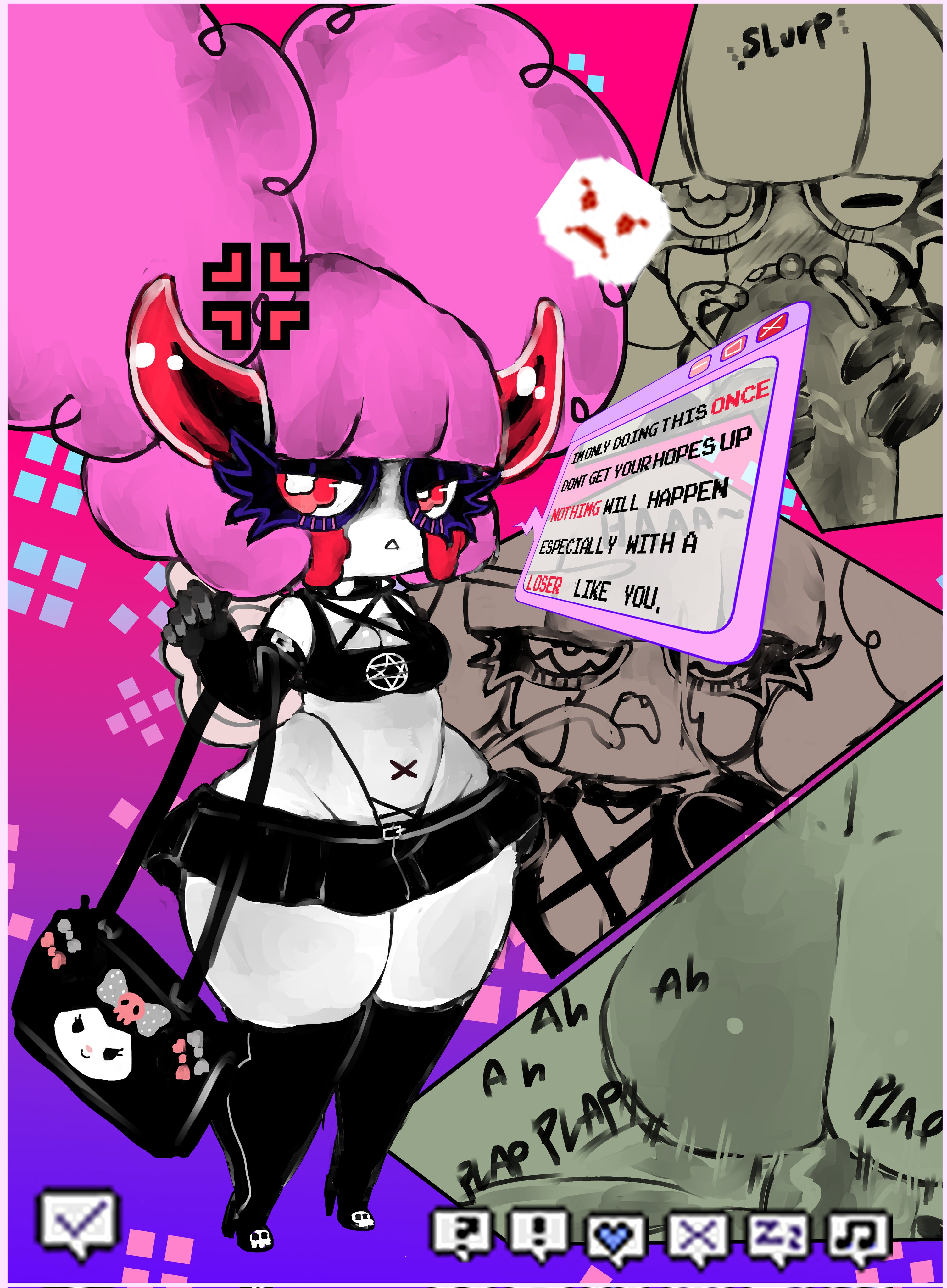 angry, anon, ass, breasts, chocovania (character), cum, cum on face, demon, demon girl, demon horns, earrings, eyelashes, female, handbag, horns, kuromi, looking at viewer, meweeze, oral, oral sex, pink eyes, pink hair, pink horns, sex, shortstack, skirt, smaller female, speech bubble, tail, thong, white body, white skin