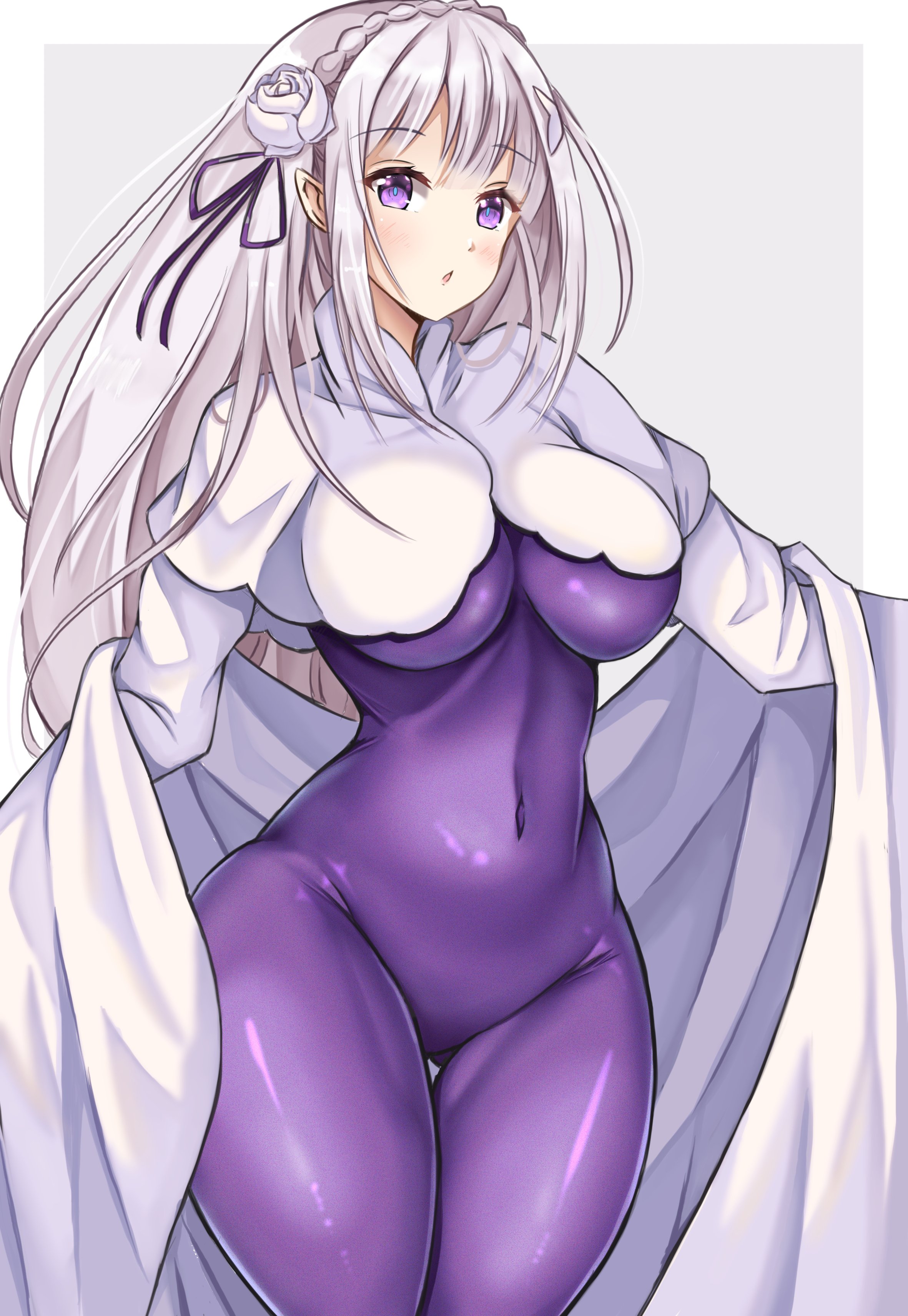 1girls, ayannon yumme, belly, belly button, breasts, covered navel, elf, elf ears, elf female, emilia (re:zero), female, fully clothed, hips, jumpsuit, latex suit, looking at viewer, purple eyes, re:zero kara hajimeru isekai seikatsu, silver hair, solo, standing, thick thighs, tight clothing, tight fit, unitard, white background