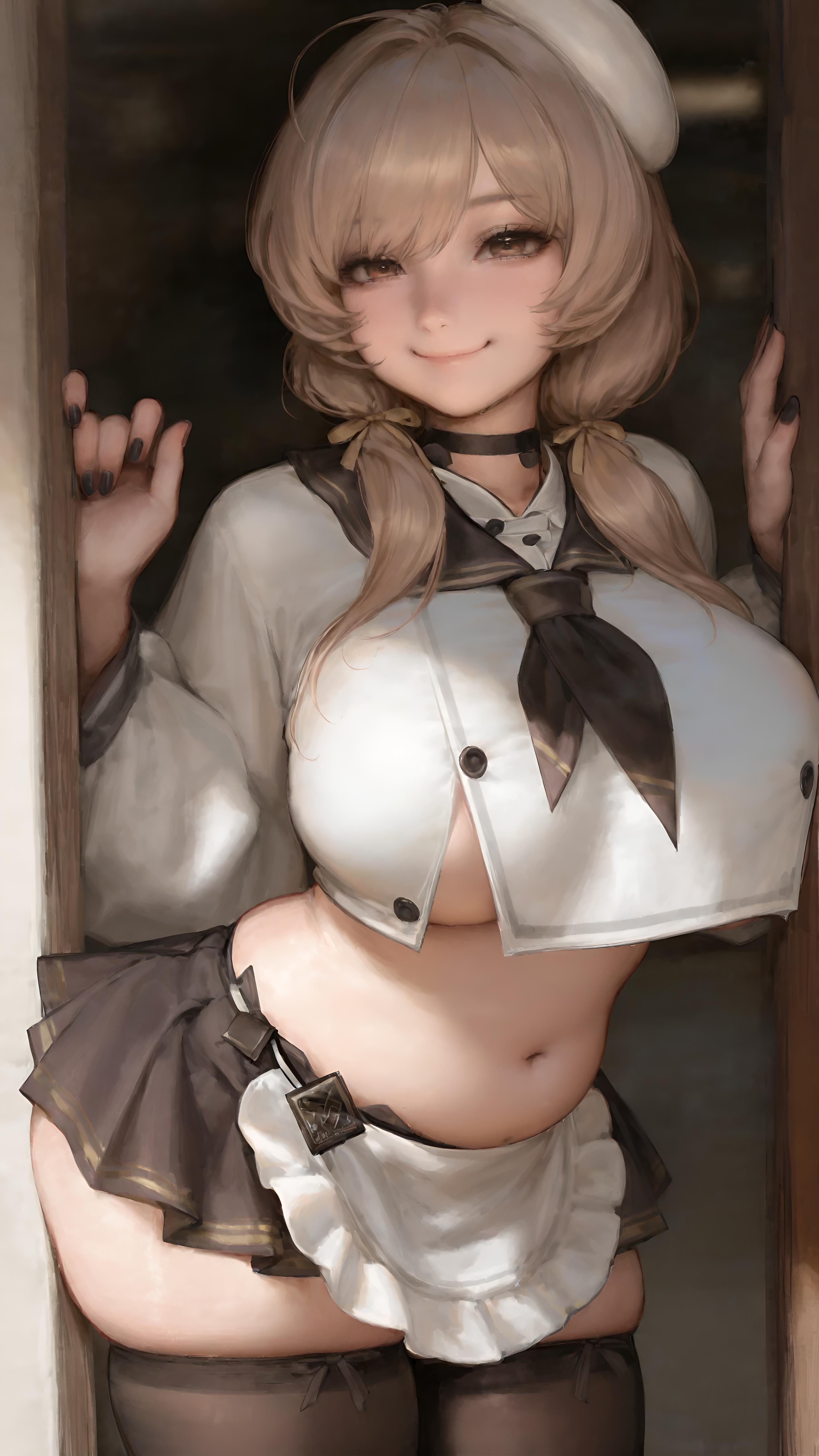 1girls, ai generated, bready (nikke), breasts, female, female only, goddess of victory: nikke, huge breasts, looking at viewer, midriff, nail polish, navel, plump, skirt, smile, standing, thick thighs, thighhighs, trugprz, underboob