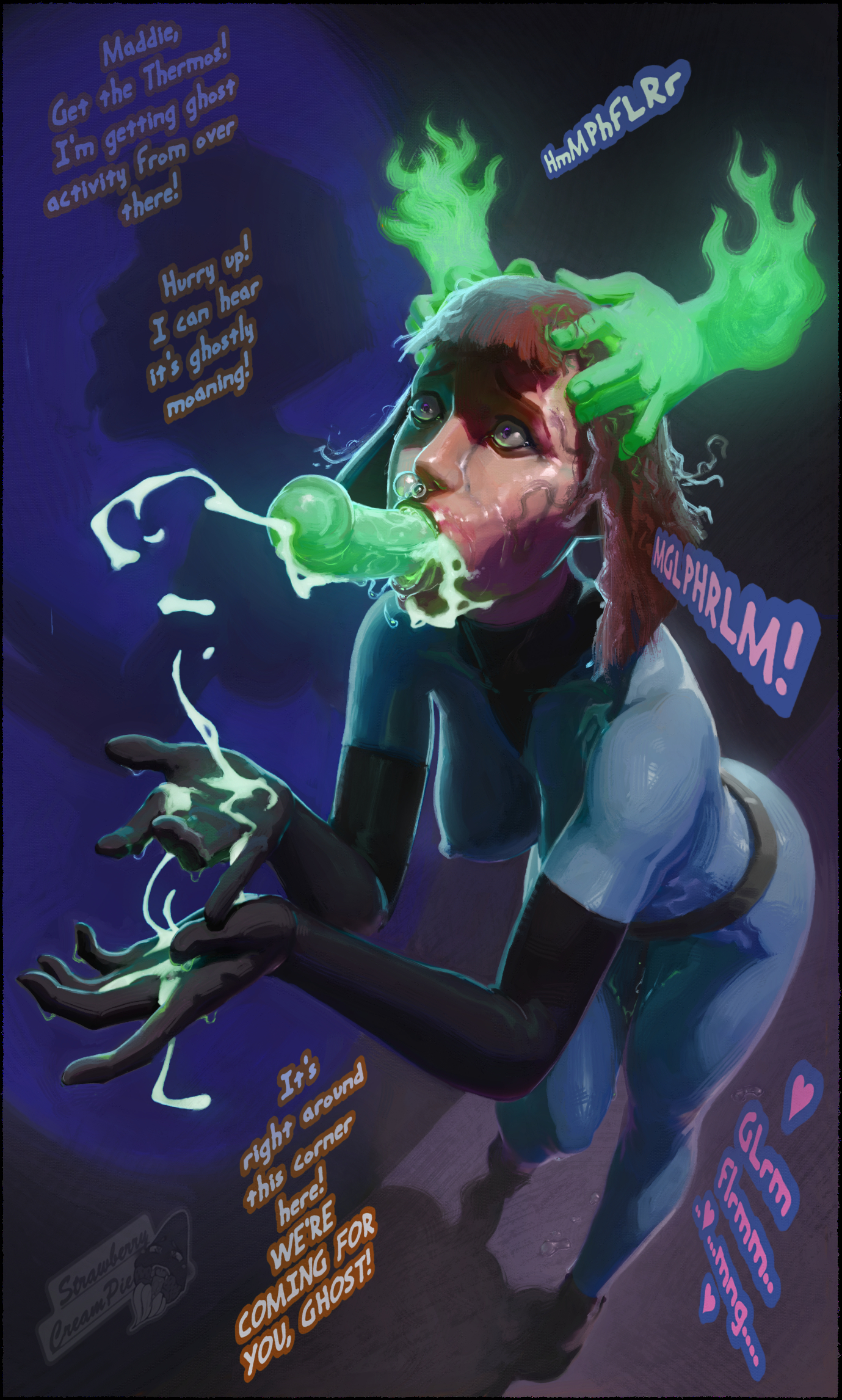 blue bodysuit, bob cut, bodysuit, corruption, danny phantom, ejaculation, elbow gloves, female, ghost penis, ghost sex, hands on another's head, impossible bodysuit, impossible clothes, madeline fenton, male, milf, mind break, nipple outline, nipples visible through clothing, orange hair, penis, penis out of mouth, purple eyes, rape, raped, reverse blowjob, strawberrycreampie, wide eyed, wide hips