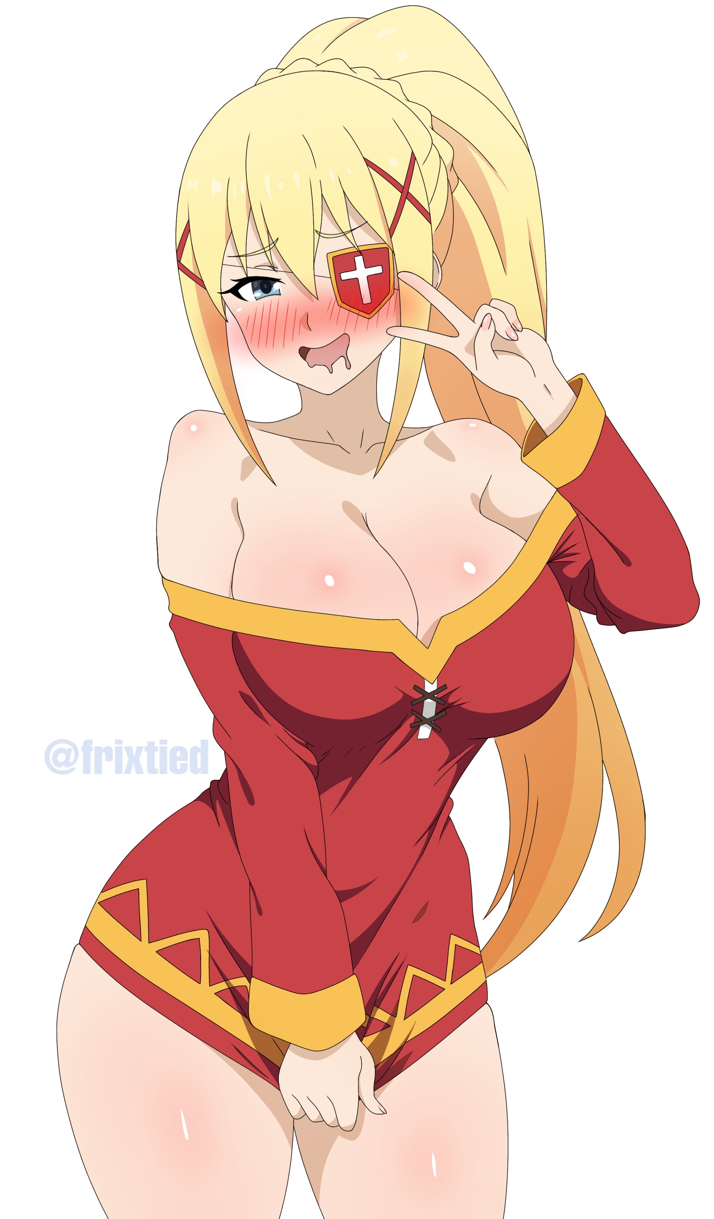 1girls, ass, big ass, big breasts, big butt, big thighs, blue eyes, breasts, canonical scene, clothing, curvaceous, curvaceous female, curvaceous figure, curvy, curvy figure, curvy hips, darkness (konosuba), dress, female, female focus, female only, frixtied, kono subarashii sekai ni shukufuku wo!, konosuba, long hair, looking at viewer, megumin (cosplay)