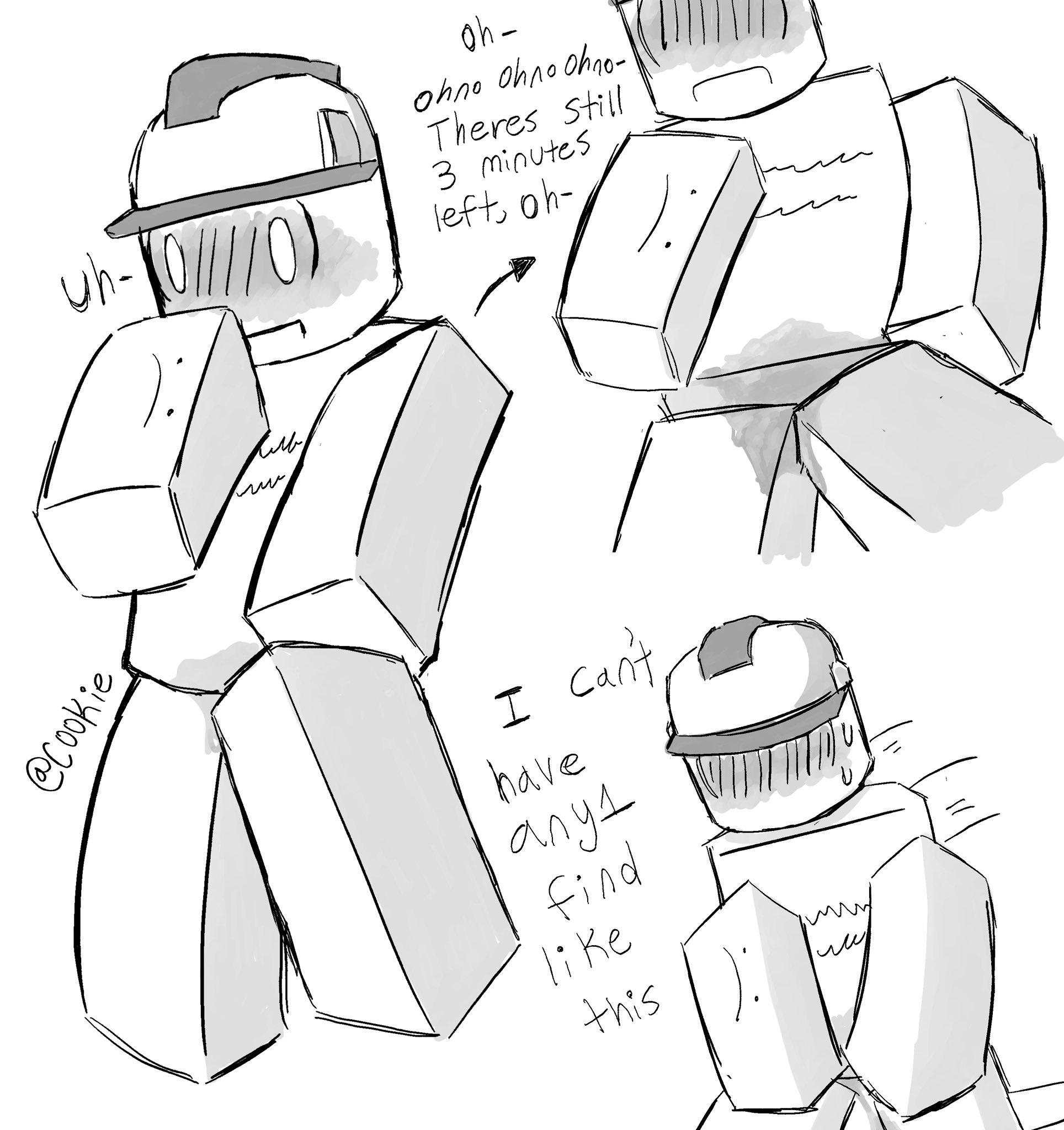 1boy, arm up, blush, bsod builderman (forsaken), builderman, covering crotch, crumbz030, dialogue, forsaken (roblox), hard hat, hat, headwear, male, no color, omorashi, peeing, peeing self, pissing self, roblox, solo, standing, text, urine, white background