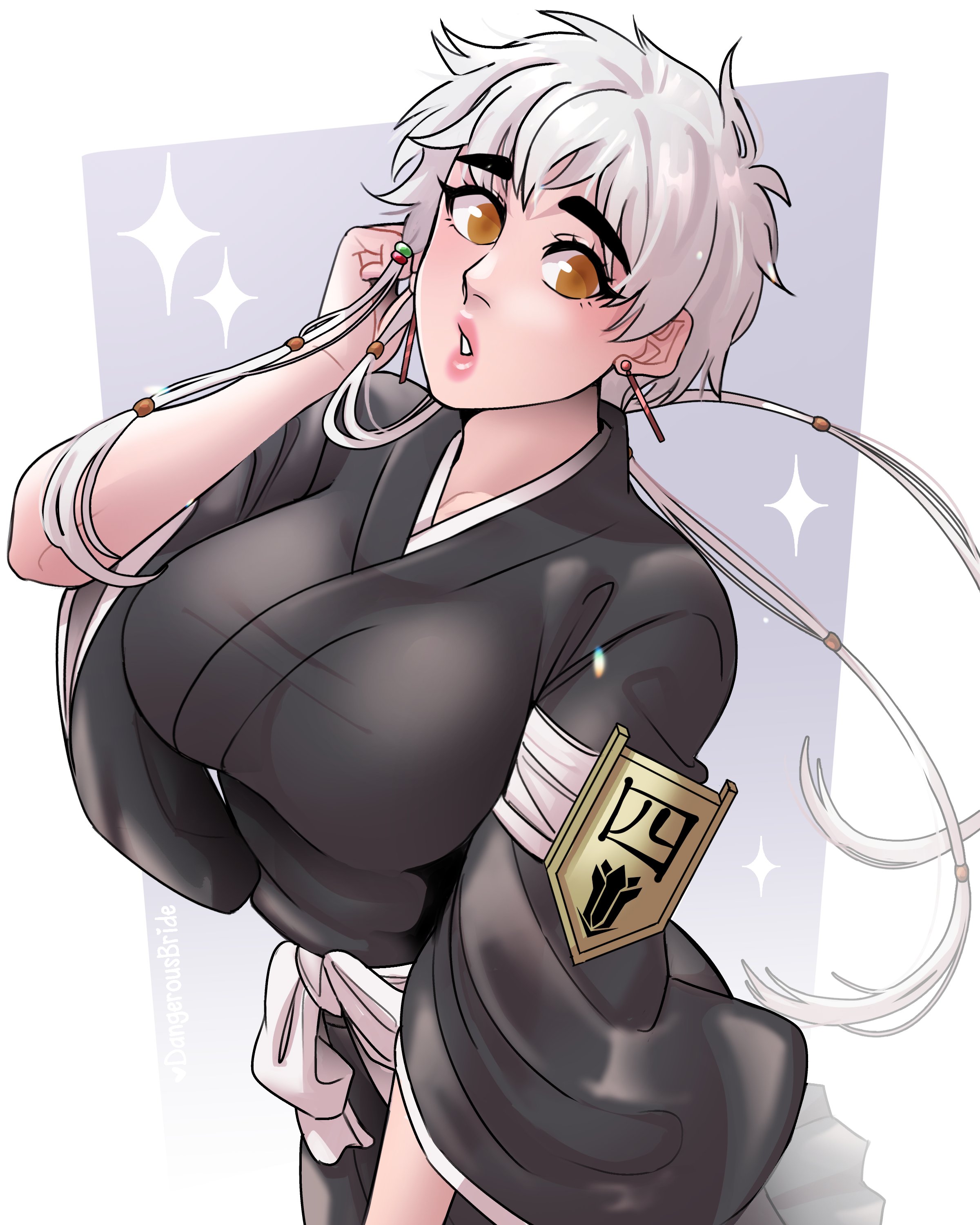 1girls, 2025, 2d, 2d (artwork), adjusting hair, amber eyes, big breasts, black eyebrows, bleach, breasts, brown eyes, busty, busty female, dangerousbride, earrings, female, female only, japanese clothes, kimono, kotetsu isane, looking at viewer, pink lips, questionable, sfw, solo, solo female, sparkles, thick eyebrows, tied hair, very high resolution, violet background, white border, white hair