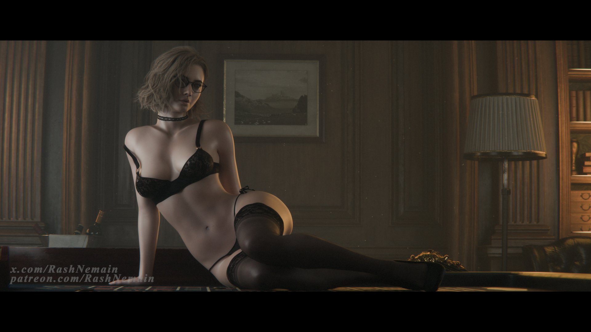 1girls, 3d, 3d (artwork), 3d model, black bra, black lingerie, black panties, blonde, blonde female, blonde hair, bra, breasts, choker, clothed, clothing, female, female only, female torso, glasses, grace ashcroft, grace ashcroft (julia pratt), heels, indoors, lace, lace trim, lace-trimmed bra, lace-trimmed choker, lace-trimmed panties, lace-trimmed thighhighs, lingerie, lingerie bra, lingerie only, lingerie panties, madruga3d, madrugasfm, panties, rash nemain, resident evil, resident evil 9: requiem, seductive, sexy, sexy body, sexy female, sexy pose, short hair, sitting, small breasts, solo, tagme, thighhighs, ubermachineworks, wavy hair