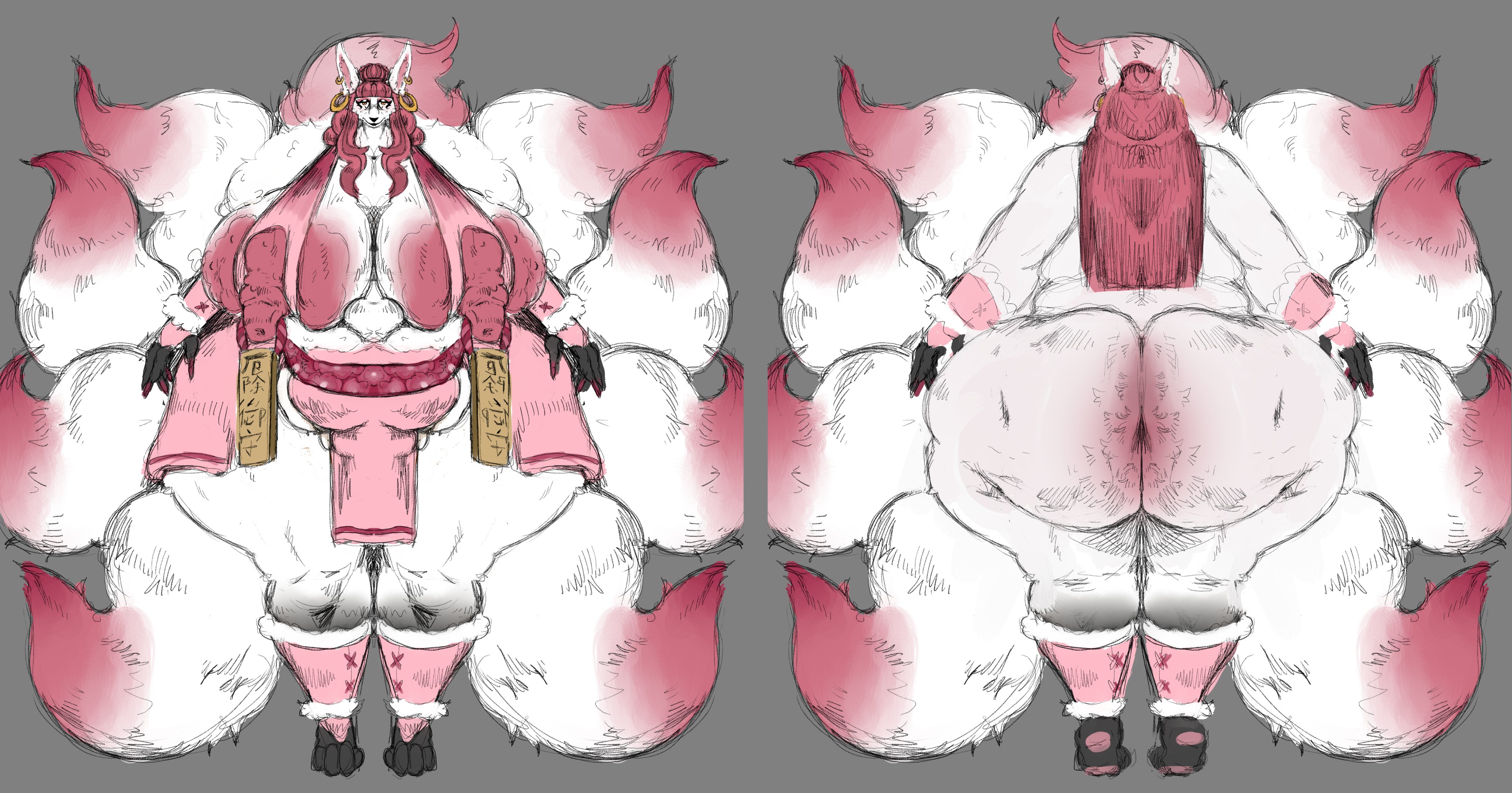 1girls, alternate version available, anthro, anthro on anthro, areolae, ass, ass bigger than head, ass focus, behind view, big areola, big ass, big breasts, big butt, breasts, breasts bigger than head, breastwizard, bubble ass, bubble butt, character sheet, chubby, chubby female, clothing, curvaceous, curvy, curvy figure, earrings, erect nipples, female, female only, fox, front view, furry, grey background, hoop earrings, huge ass, huge breasts, hyper ass, hyper breasts, kitsune, loincloth, long hair, montgomery glands, mostly nude, multi tail, nine tailed fox, nipples, nude, orange eyes, pink hair, solo, solo female, tail, thick thighs, unseen female face, voluptuous, voluptuous female, wide hips