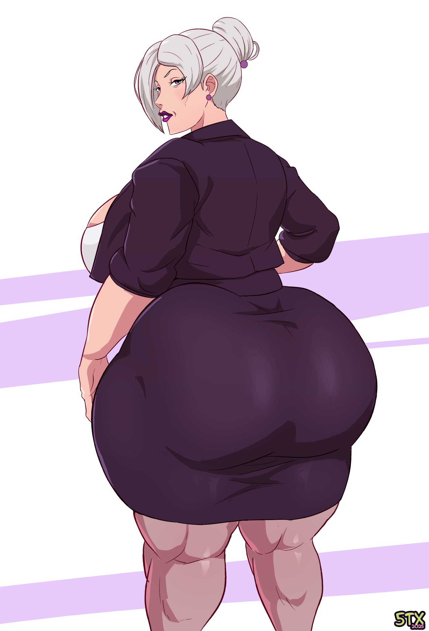 1girls, 5tarex, ass, chiyo popura, commission, fat ass, female, female only, gilf, gilf-pot (kejohndrawing), grey hair, jpg, kejohndrawing, older female, original, original character, solo, solo female, tagme, twitter link