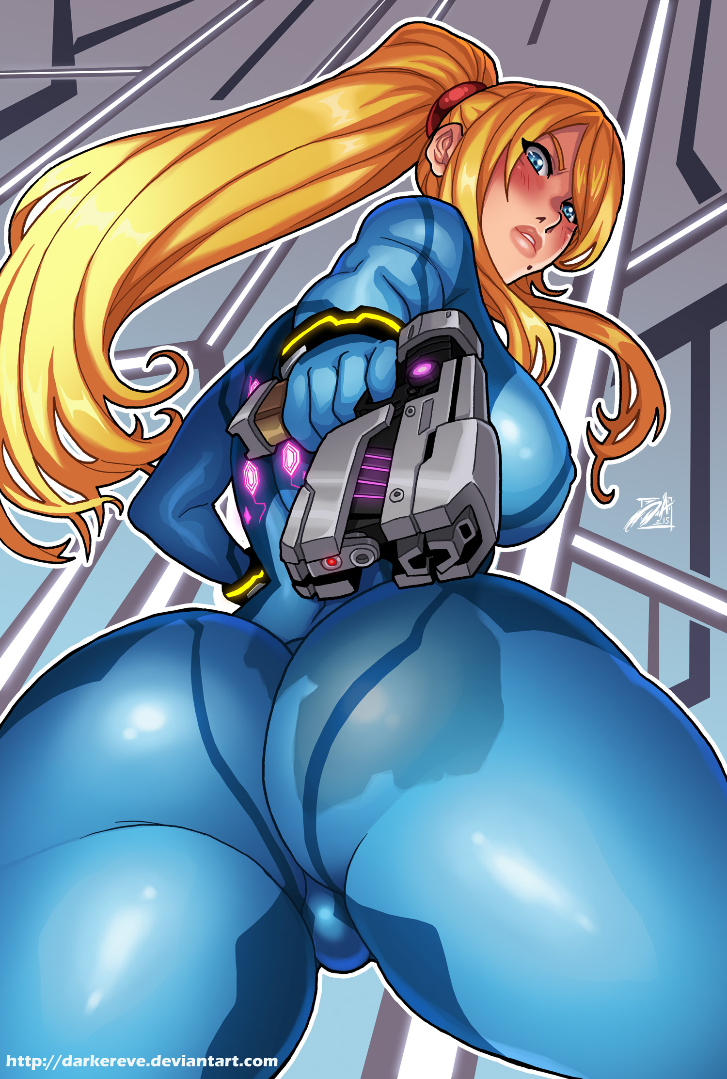 ass, ass focus, beauty mark, blonde hair, blue eyes, blush, bodysuit, bracelet, breasts, darkereve, erect nipples, female, female only, from below, gun, highres, human, large ass, large breasts, long hair, looking at viewer, looking back, looking down, metroid, mole, nintendo, nipples, ponytail, samus aran, sideboob, skin tight, solo, standing, tied hair, tight clothes, weapon, zero suit, zero suit samus