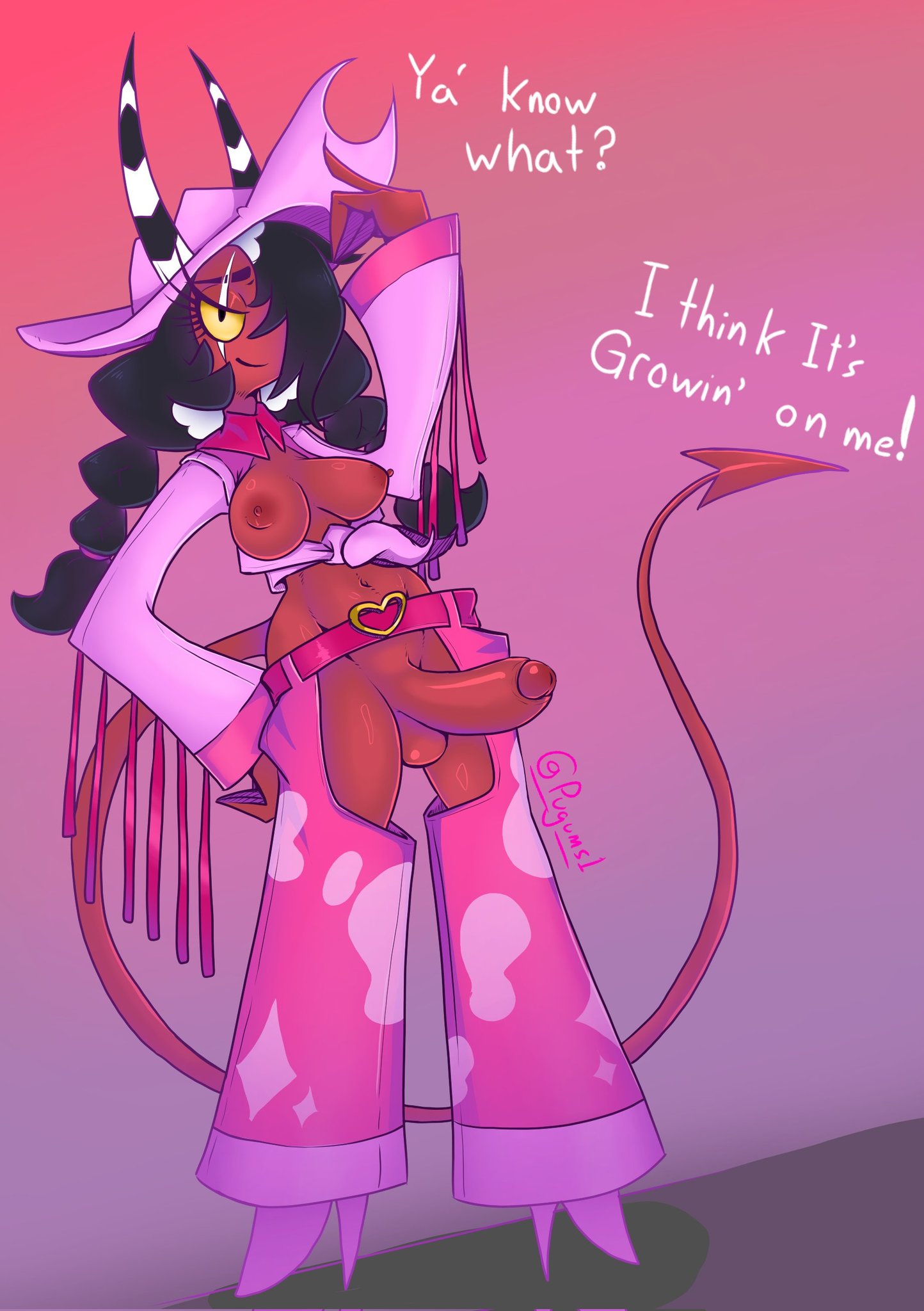 1dickgirl, balls, ballsack, belt, belt buckle, big penis, black hair, breasts, breasts out, cock and balls, cowboy hat, cowboy outfit, demon, demon futa, demon girl, demon humanoid, dickgirl, erect nipples, erect penis, erection, female, foreskin, futa demon, futa only, futanari, helluva boss, horn, horns, intersex, nipples, partially retracted foreskin, penis, pink glans, pugums, red body, red skin, retracted foreskin, sallie may (helluva boss), scar, smirk, smirking, smirking at viewer, smooth balls, smooth penis, solo futa, uncircumcised, watermark, white hair