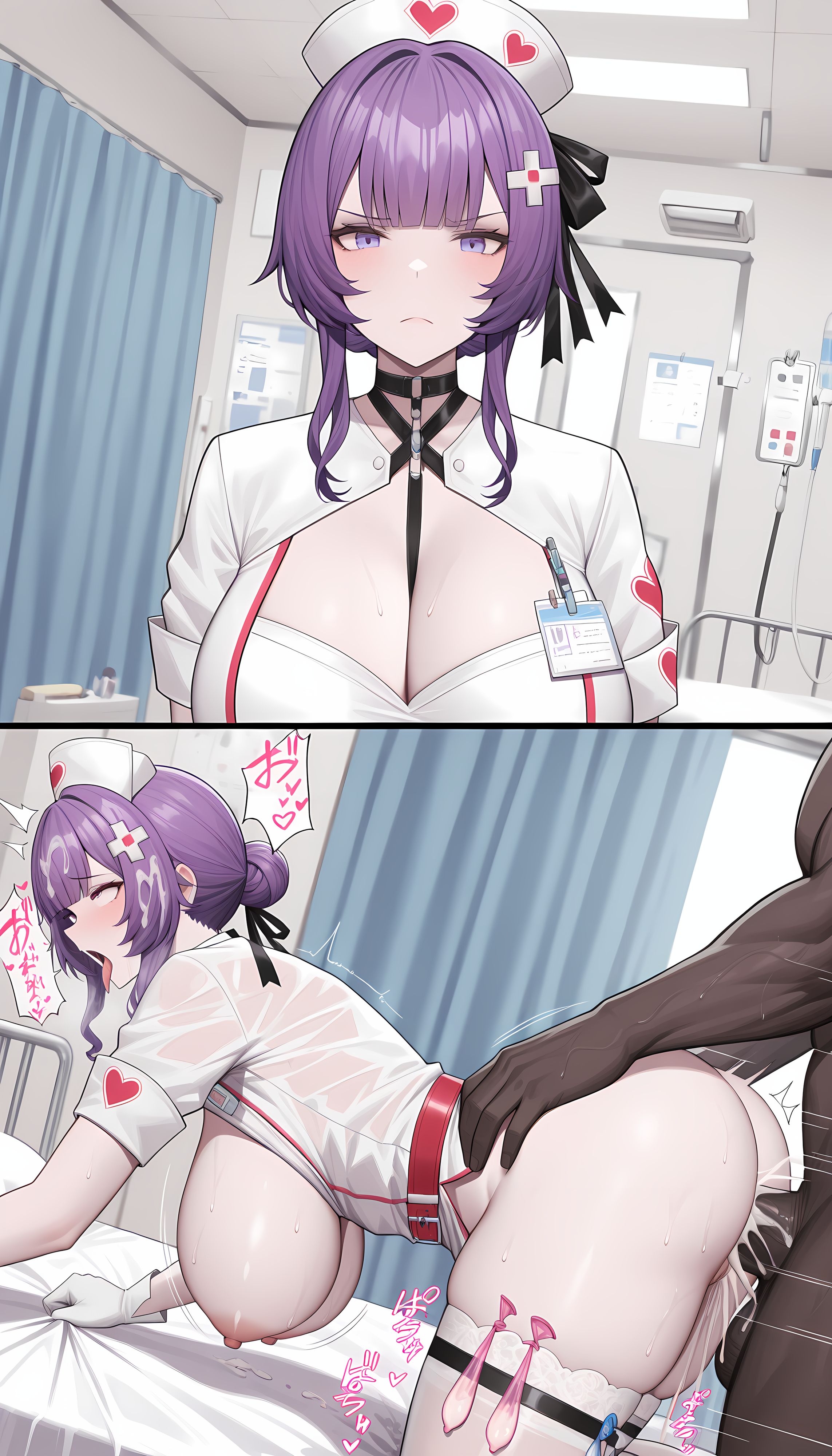 1boy, 1girls, 2koma, ahe gao, ai generated, breasts, breasts out, cleavage cutout, condom thigh strap, criss-cross halter, cum in pussy, cum on hair, dark skin, dark-skinned male, enya murphy, enya murphy - exuvia (kiss be the remedy), female, female orgasm, frown, gloves, hanging breasts, heart, hip grab, huge breasts, indoors, infirmary, instant loss, instant loss 2koma, interracial, light skin, light-skinned female, male, muscular, muscular male, name tag, nipples, nurse, nurse cap, nurse uniform, pale skin, pale-skinned female, purple eyes, purple hair, pussy, red belt, rolling eyes, see-through clothing, sex, sheet grab, sidelocks, snowbreak: containment zone, sound effects, straight, strap between breasts, thick thighs, tongue, tongue out, used condom, vaginal penetration, very dark skin, white gloves, white thighhighs
